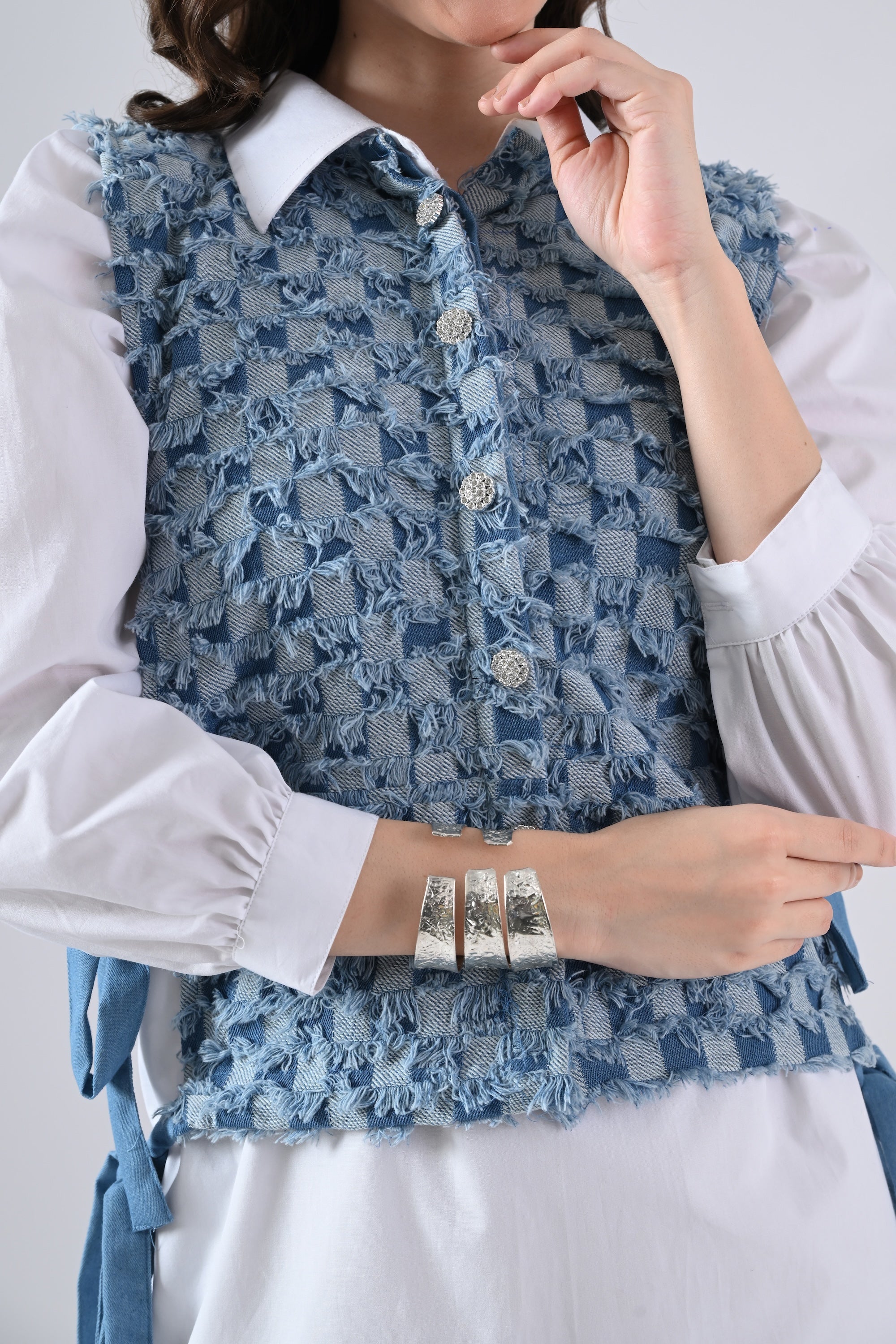 White Cotton Shirt Dress with Blue Checked Cape and Tie Strings