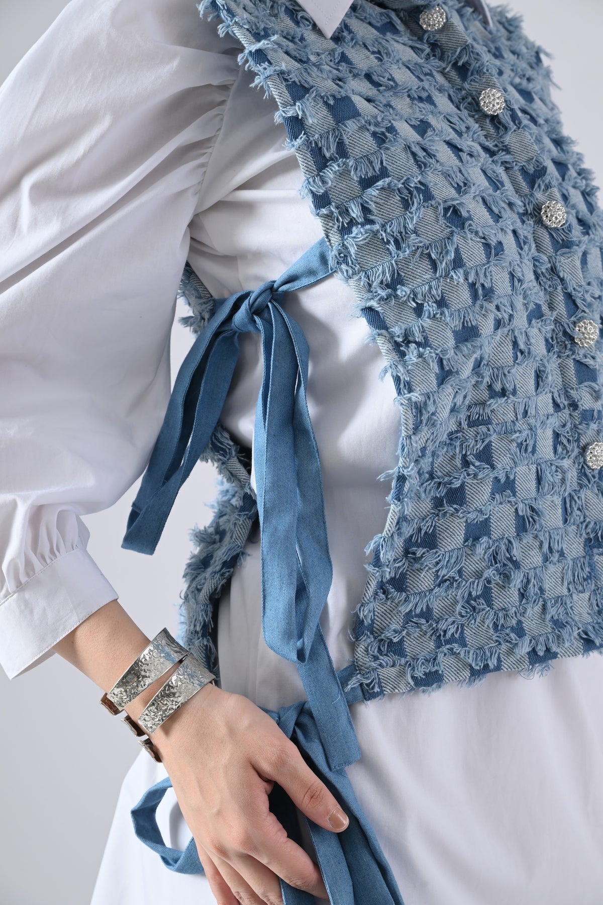 White Cotton Shirt Dress with Blue Checked Cape and Tie Strings