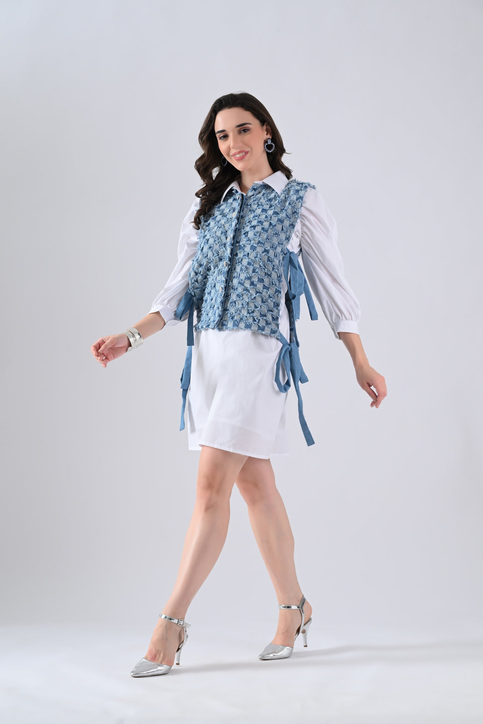 White Cotton Shirt Dress with Blue Checked Cape and Tie Strings