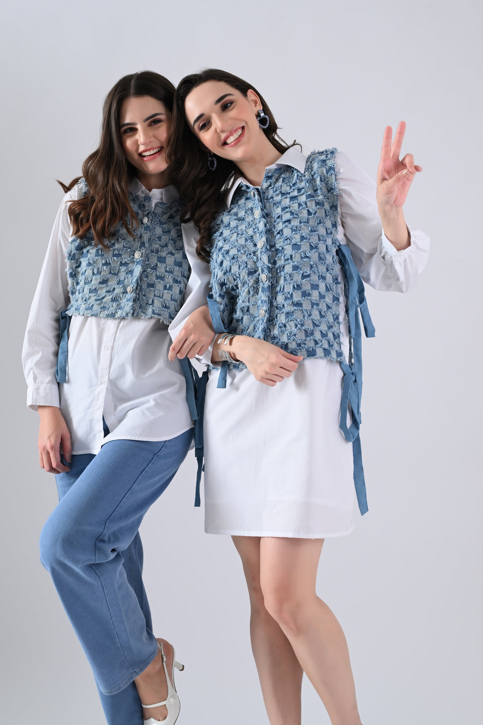White Cotton Shirt with Blue Checked Cape and Tie Strings