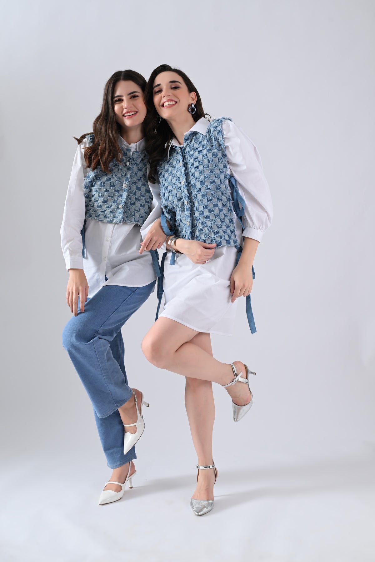 White Cotton Shirt Dress with Blue Checked Cape and Tie Strings