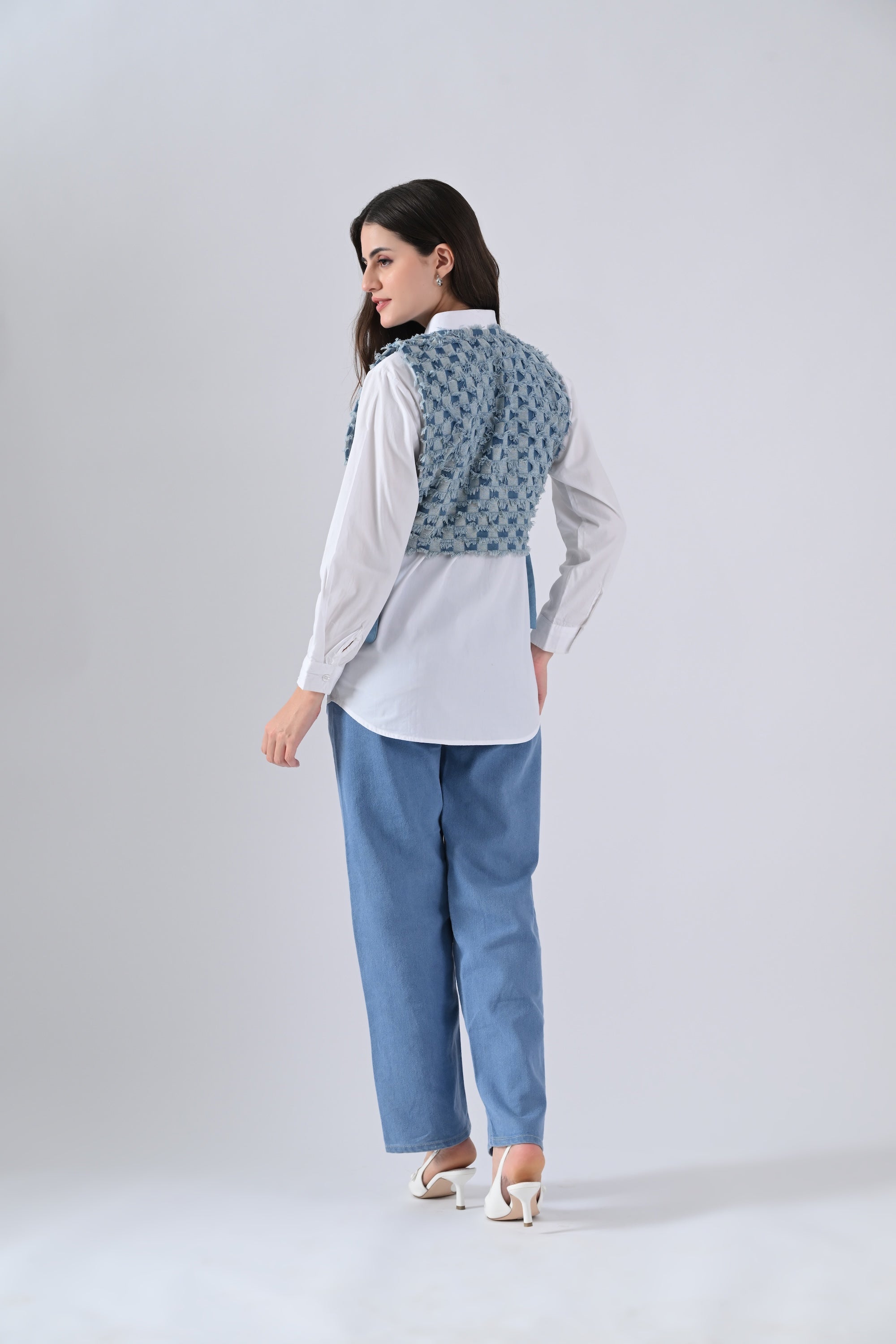 White Cotton Shirt with Blue Checked Cape and Tie Strings