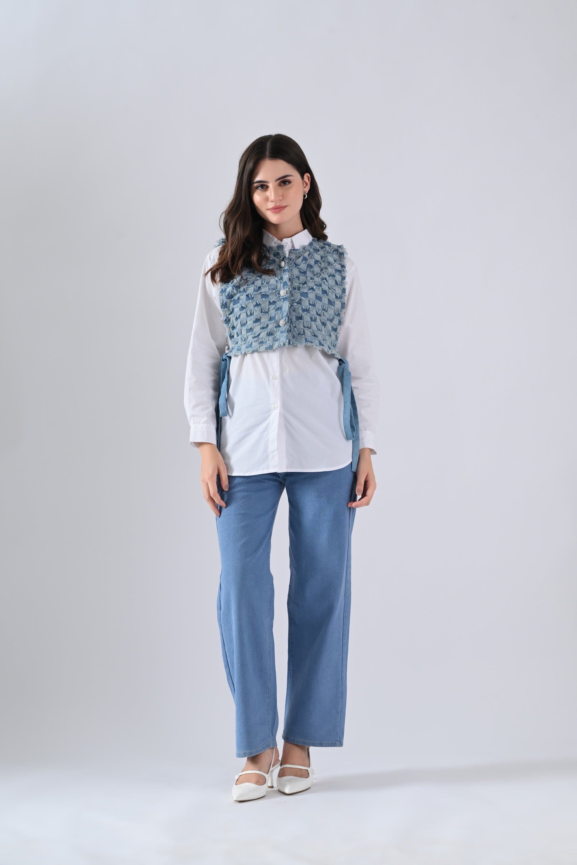 White Cotton Shirt with Blue Checked Cape and Tie Strings