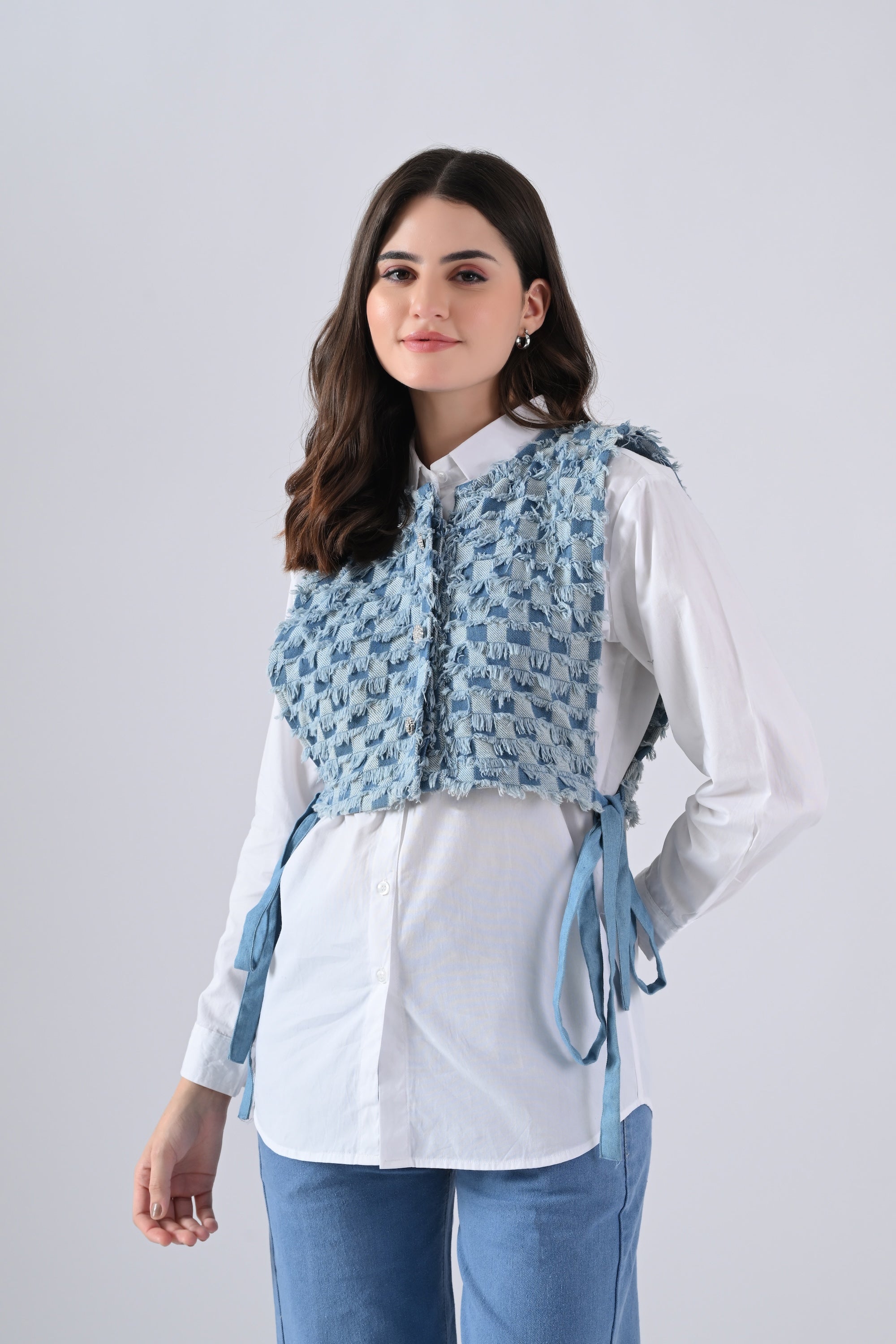 White Cotton Shirt with Blue Checked Cape and Tie Strings