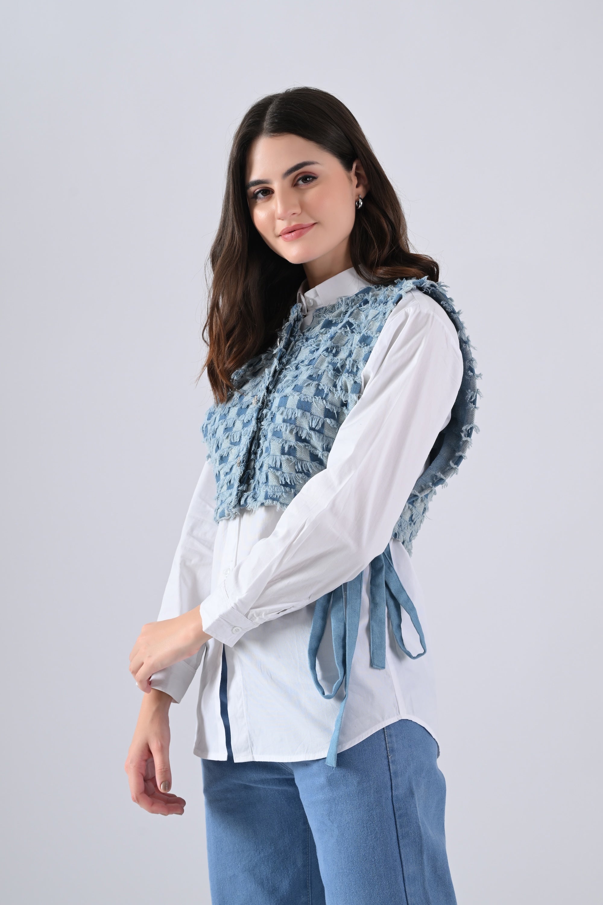 White Cotton Shirt with Blue Checked Cape and Tie Strings