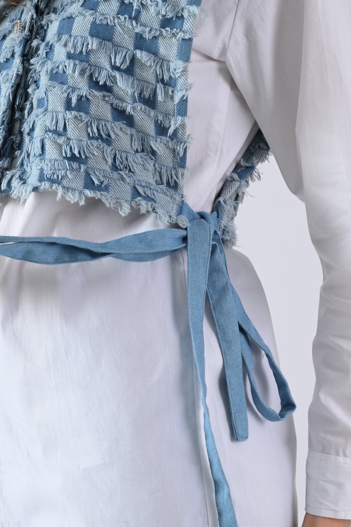White Cotton Shirt with Blue Checked Cape and Tie Strings