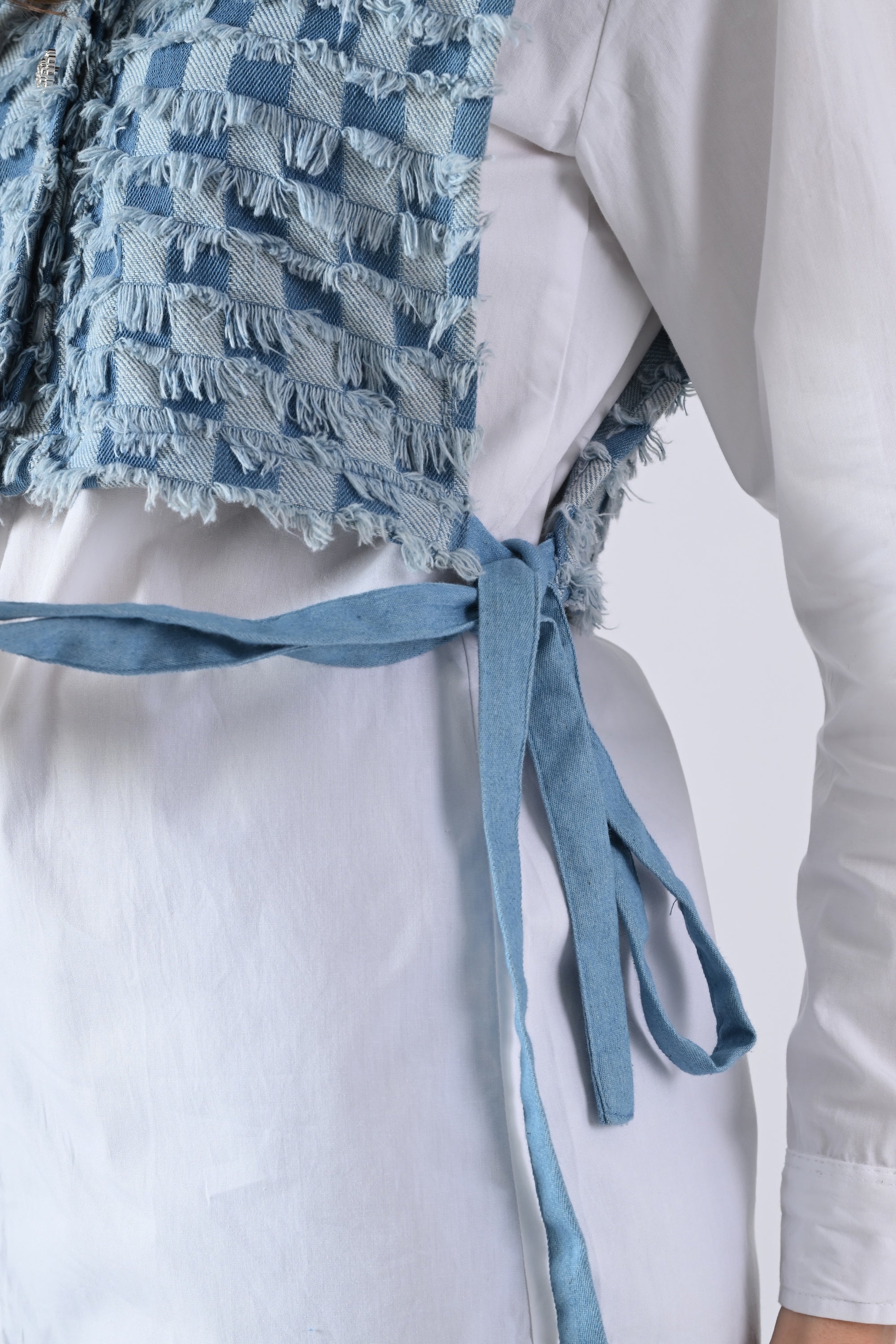White Cotton Shirt with Blue Checked Cape and Tie Strings