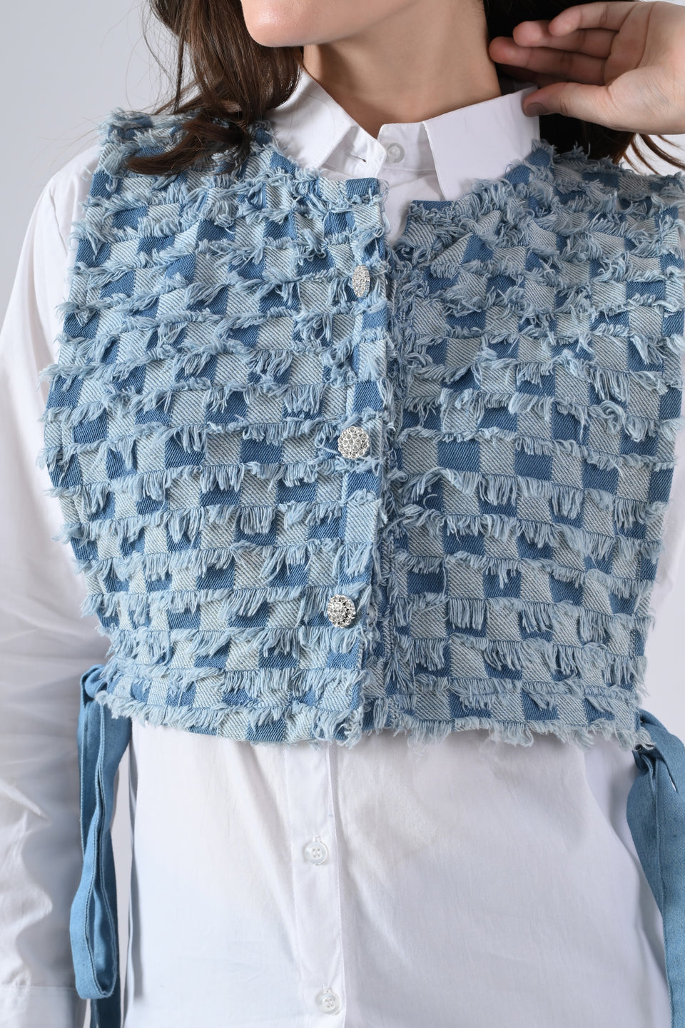 White Cotton Shirt with Blue Checked Cape and Tie Strings