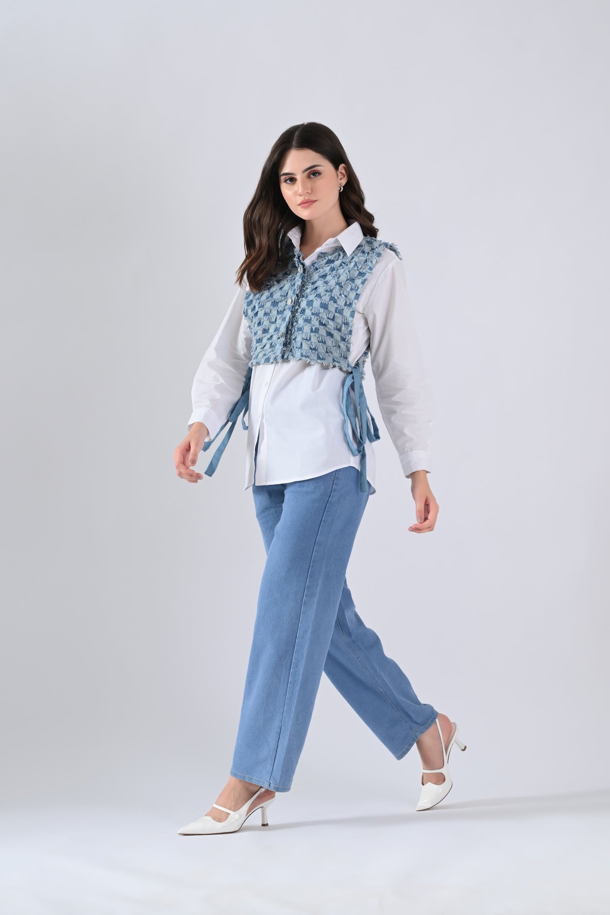 White Cotton Shirt with Blue Checked Cape and Tie Strings