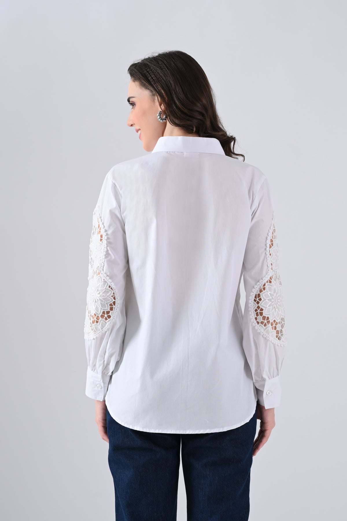 White Cotton Shirt with Floral Lace Sleeves