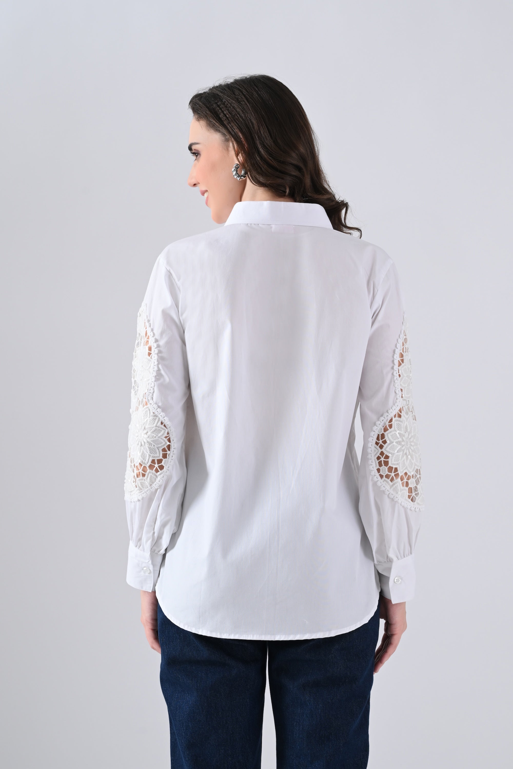 White Cotton Shirt with Floral Lace Sleeves