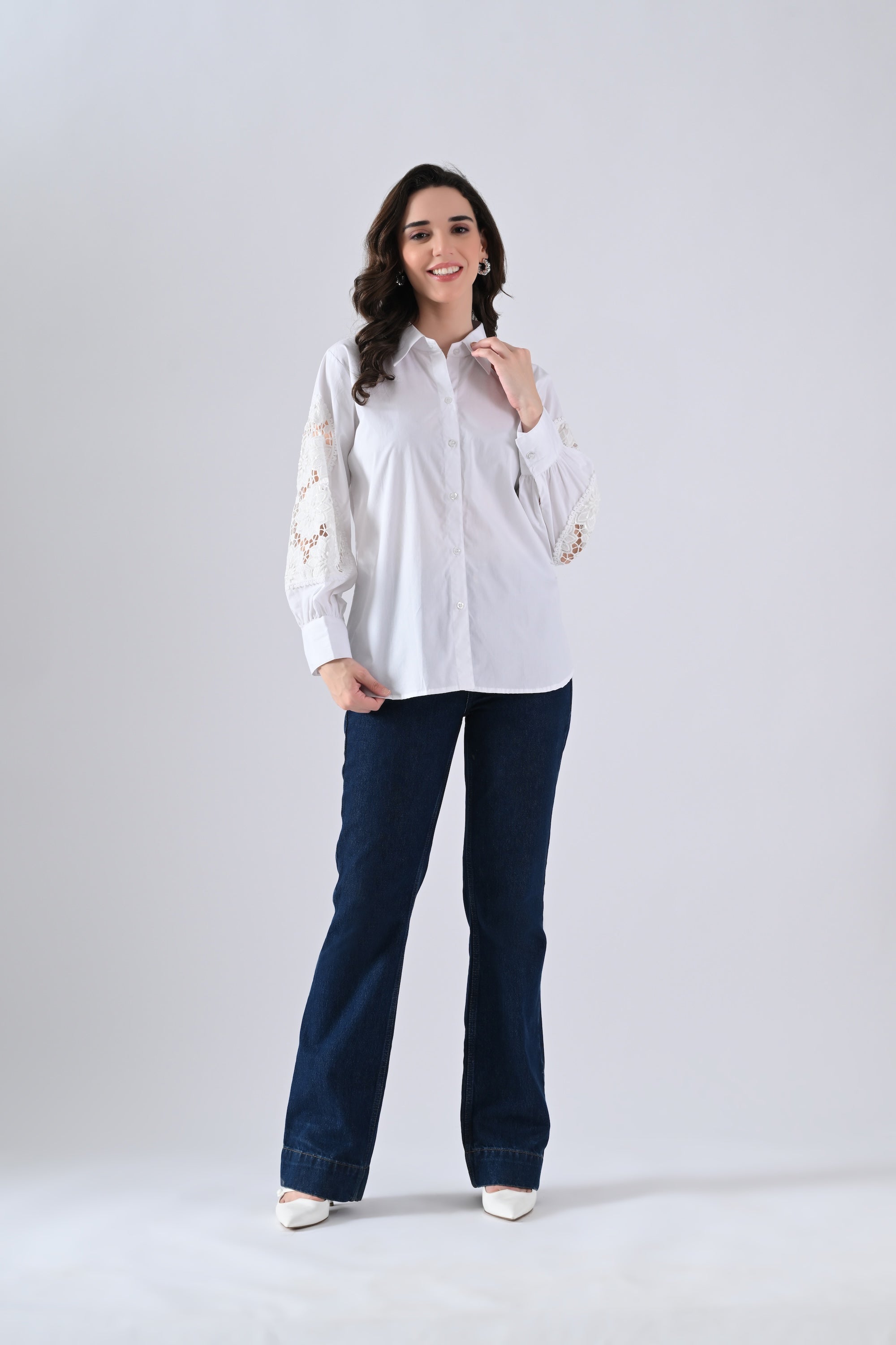 White Cotton Shirt with Floral Lace Sleeves
