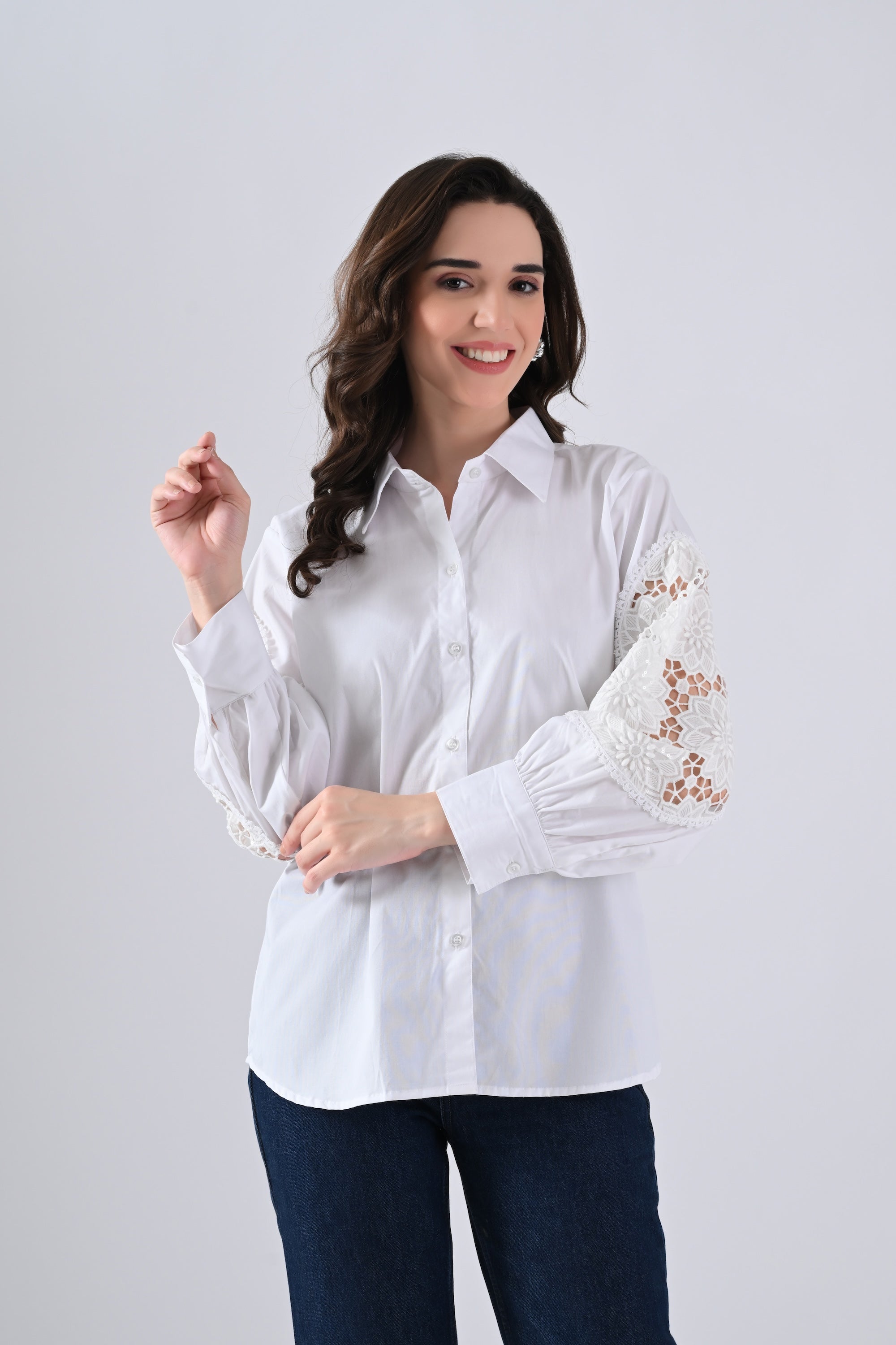 White Cotton Shirt with Floral Lace Sleeves