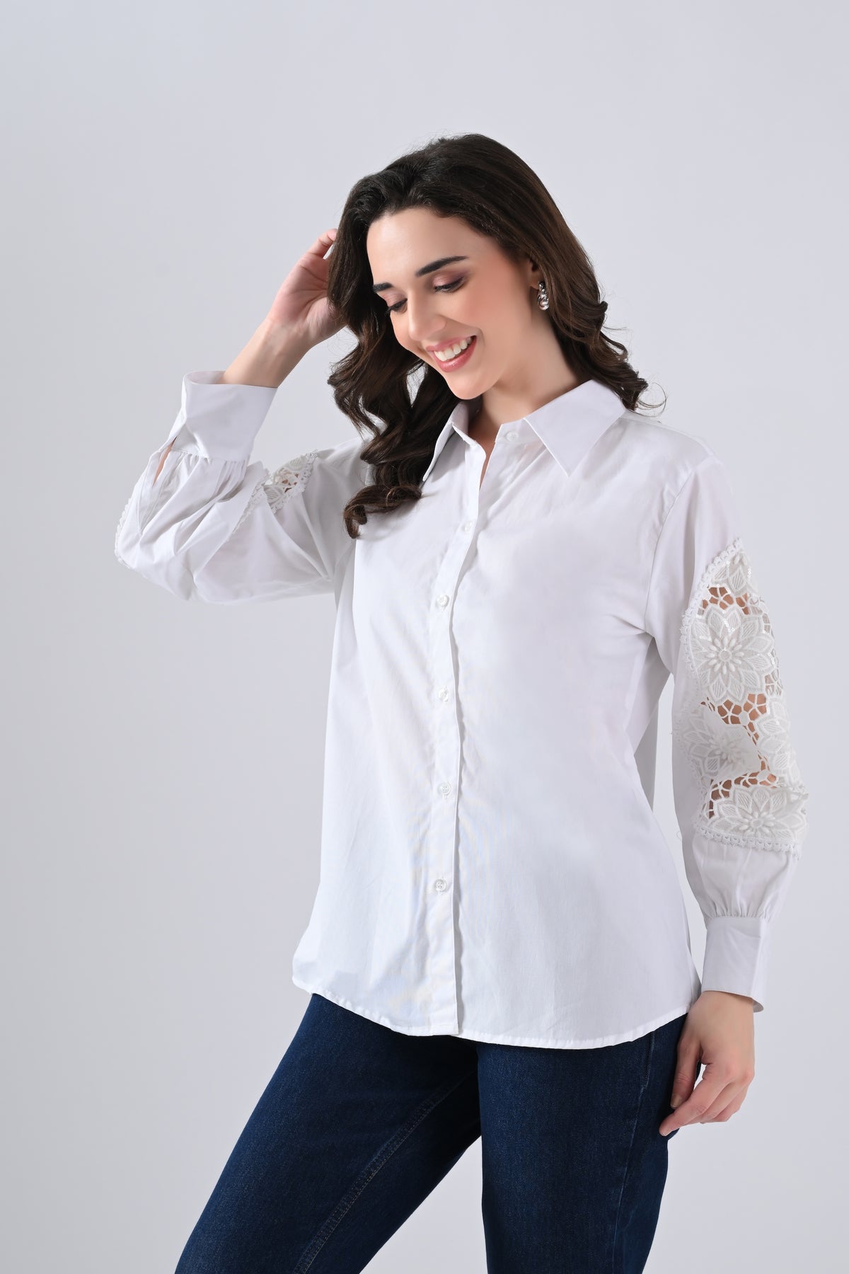 White Cotton Shirt with Floral Lace Sleeves