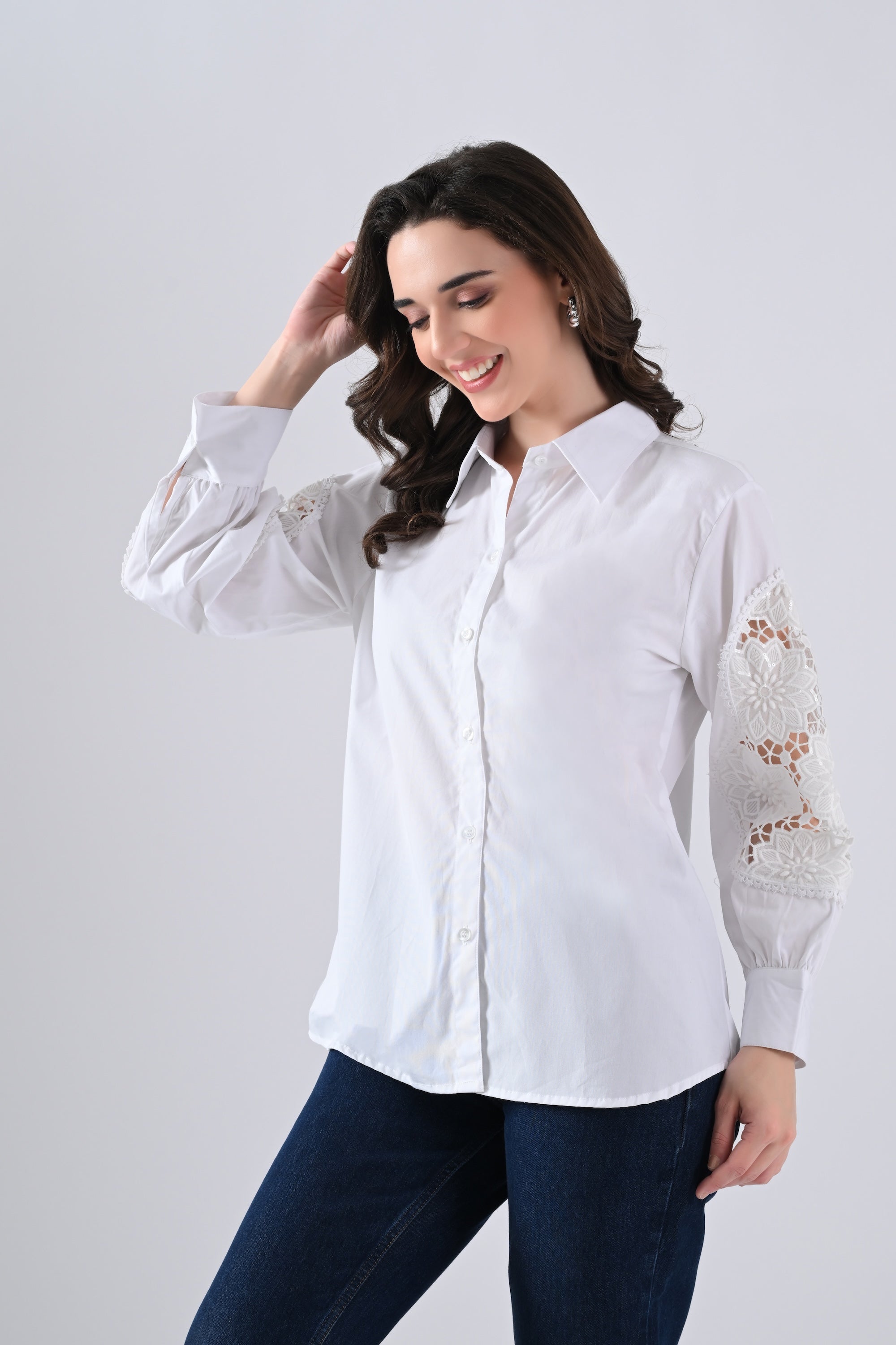 White Cotton Shirt with Floral Lace Sleeves