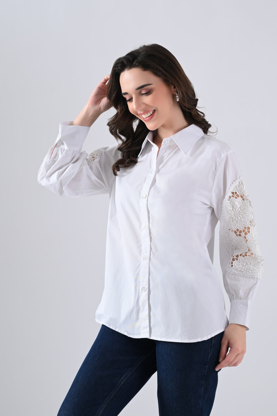 White Cotton Shirt with Floral Lace Sleeves