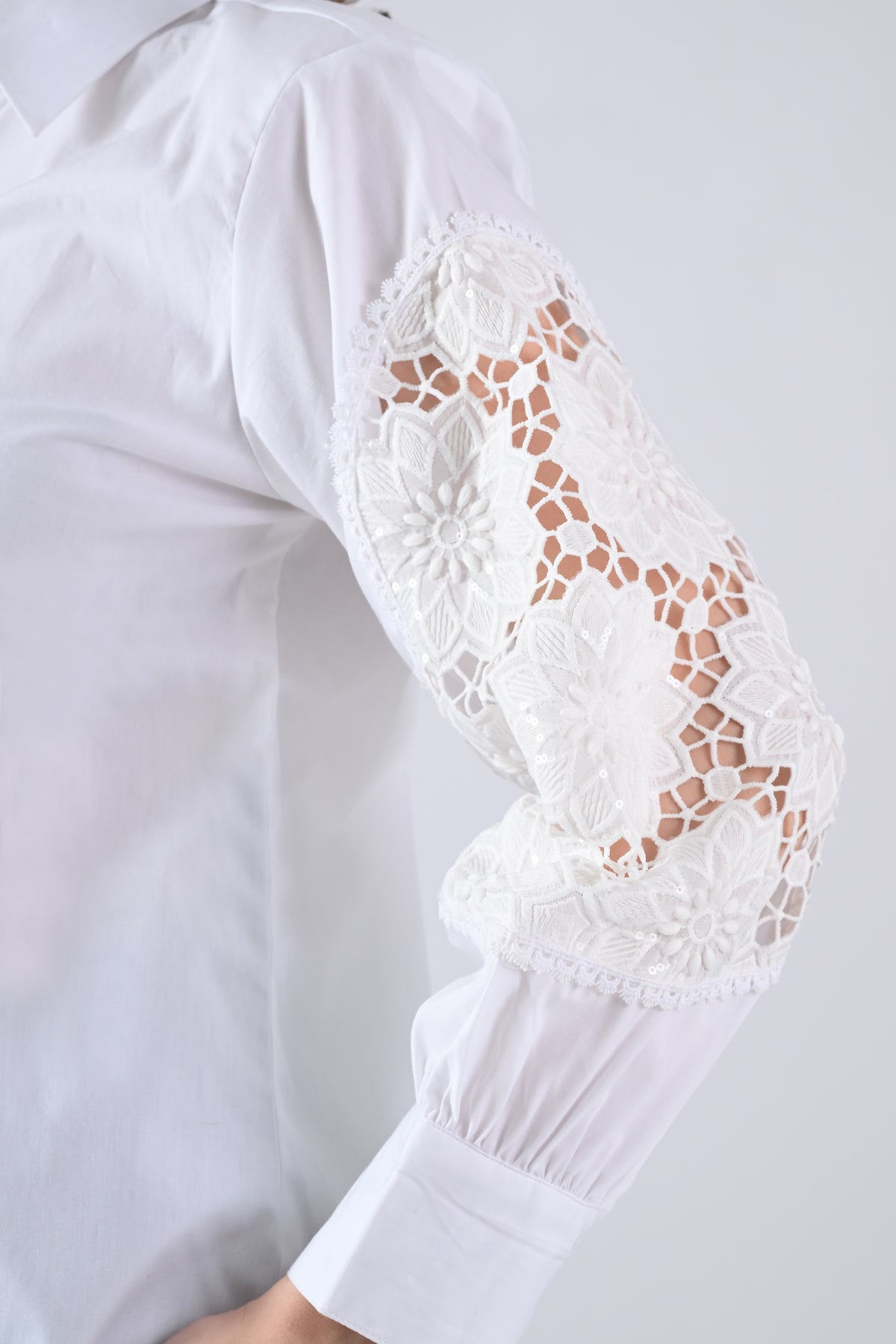 White Cotton Shirt with Floral Lace Sleeves