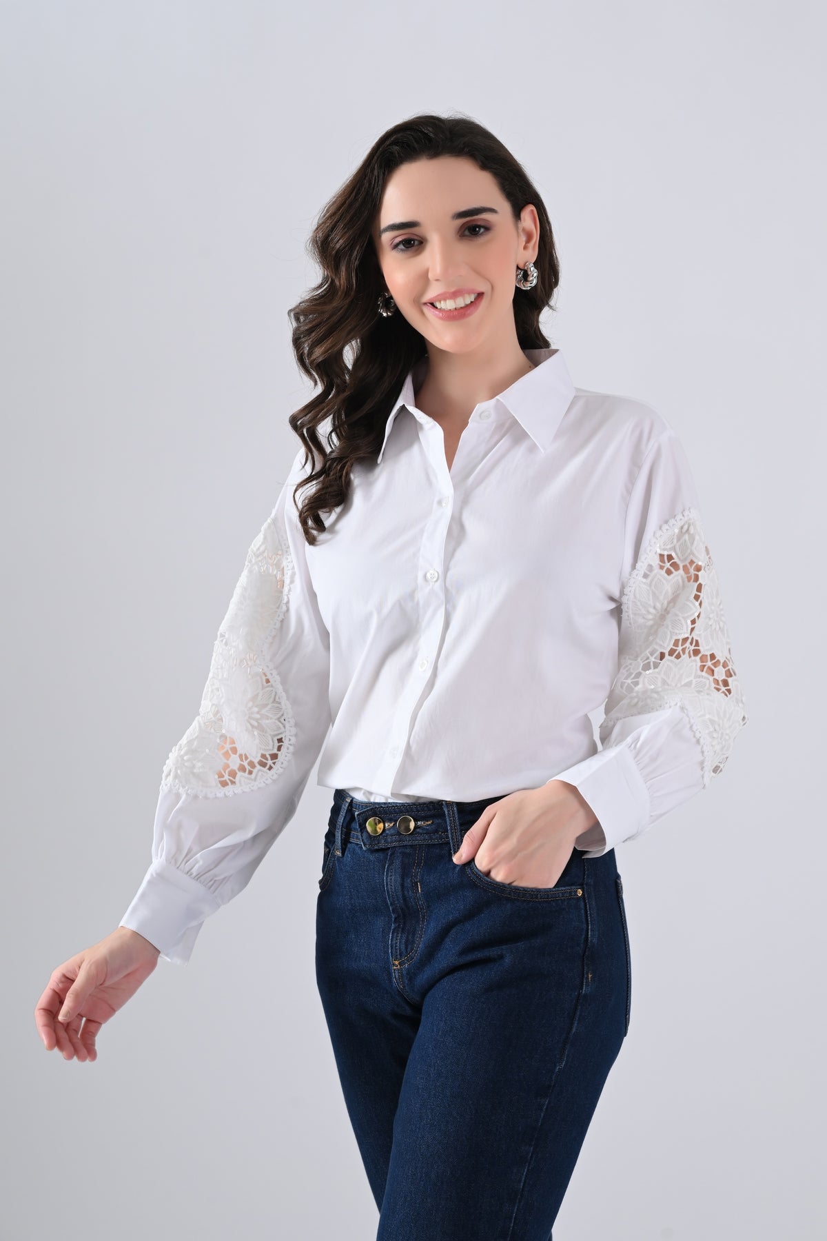 White Cotton Shirt with Floral Lace Sleeves