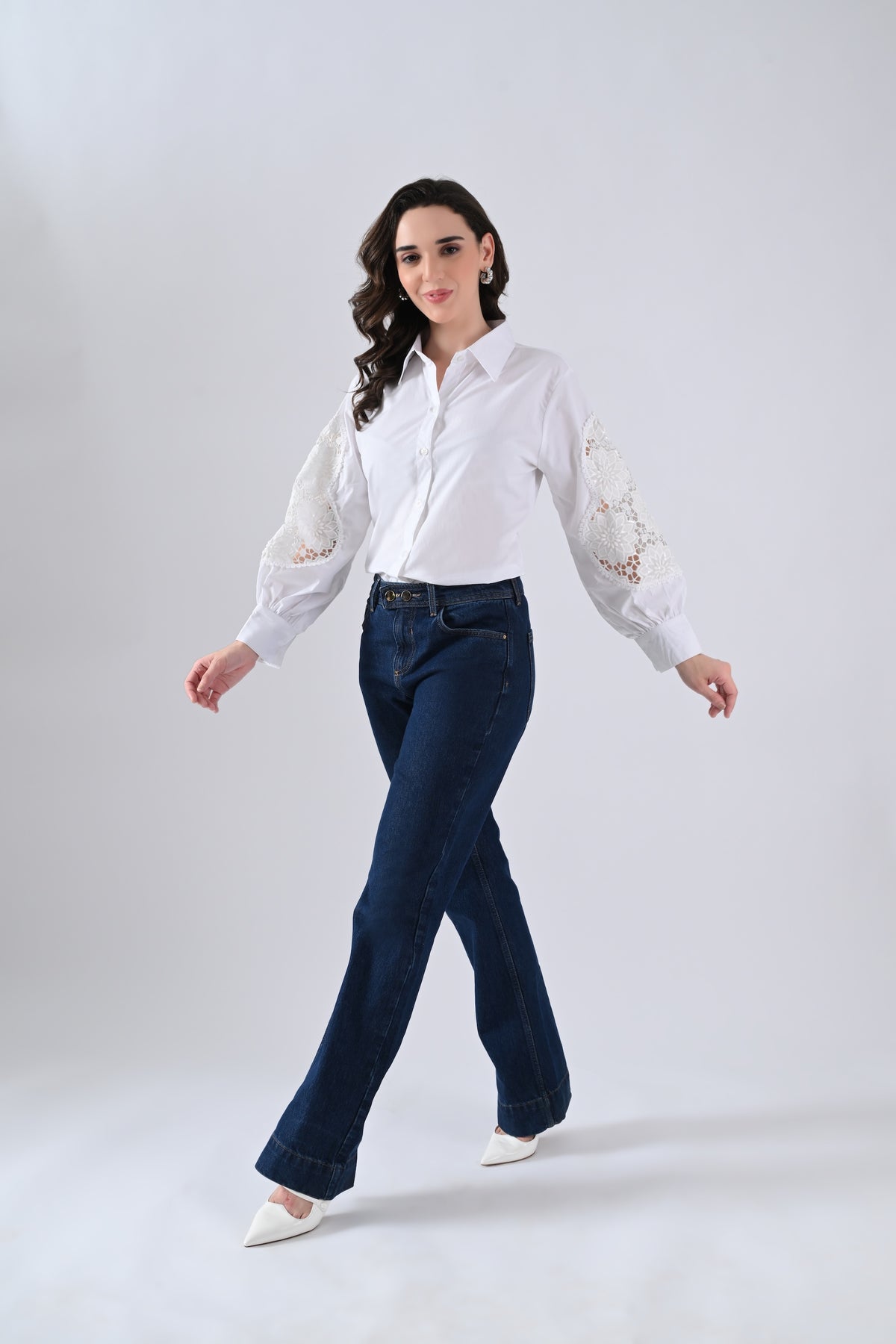 White Cotton Shirt with Floral Lace Sleeves