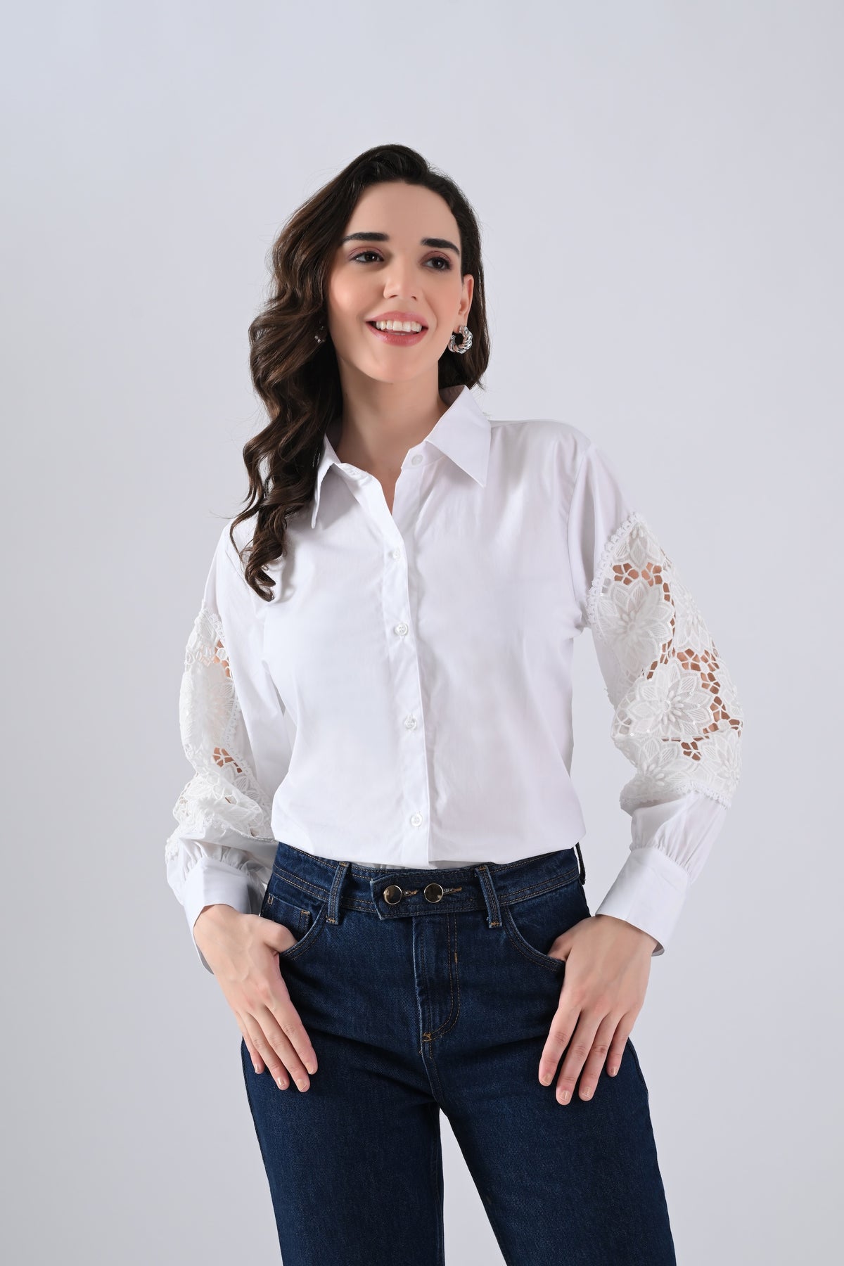 White Cotton Shirt with Floral Lace Sleeves