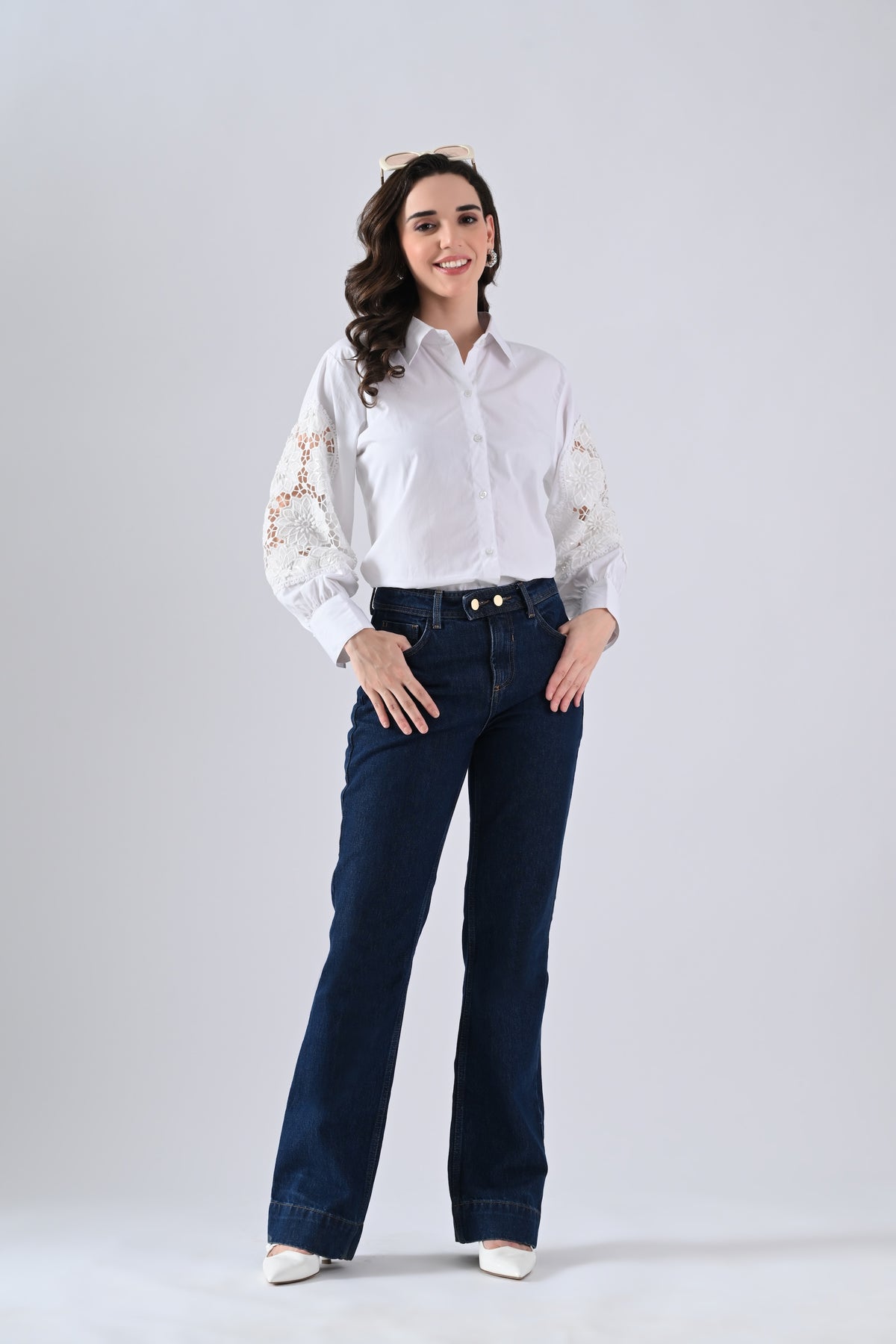 White Cotton Shirt with Floral Lace Sleeves