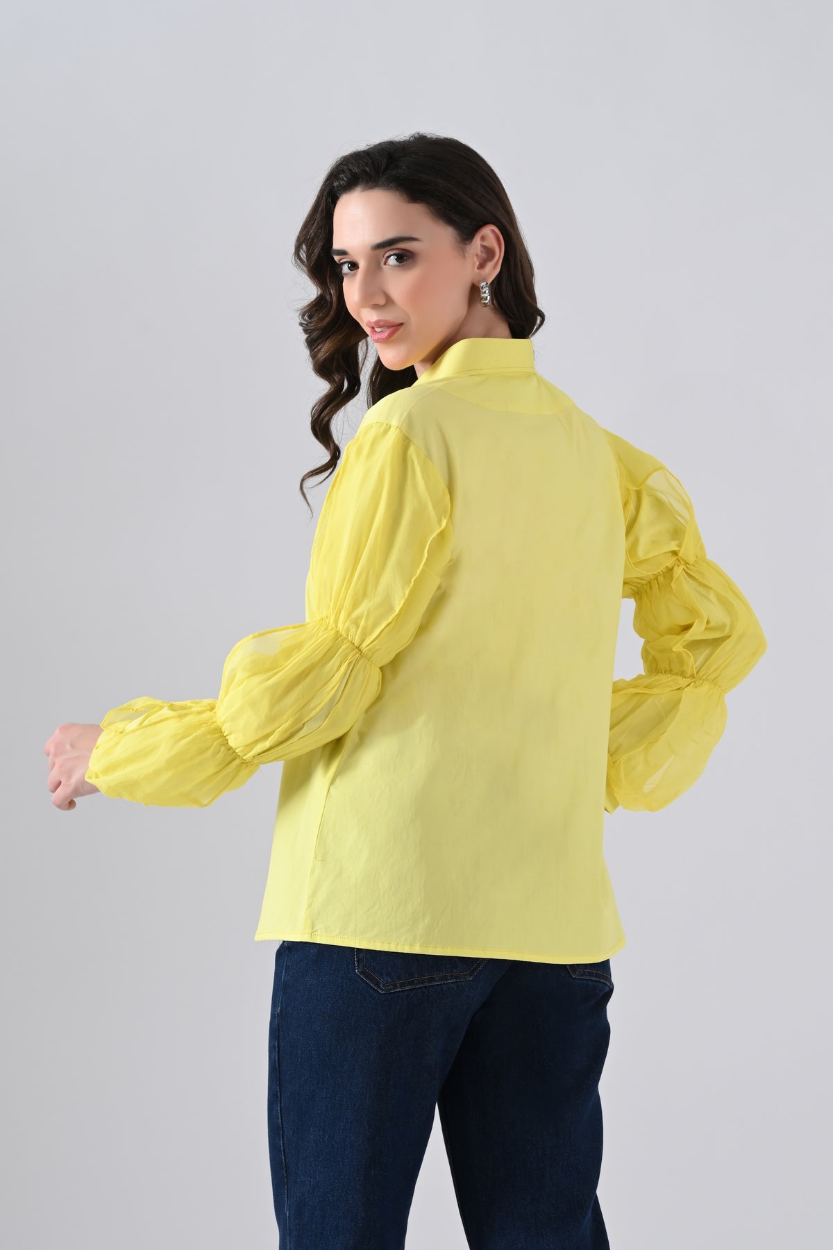 Yellow Cotton Shirt with Organza Frilled Sleeves