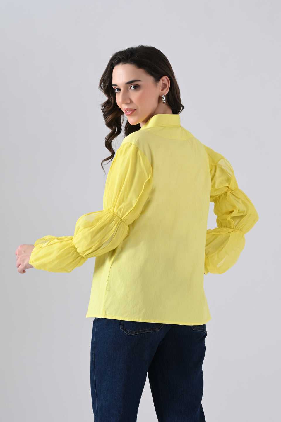 Yellow Cotton Shirt with Organza Frilled Sleeves