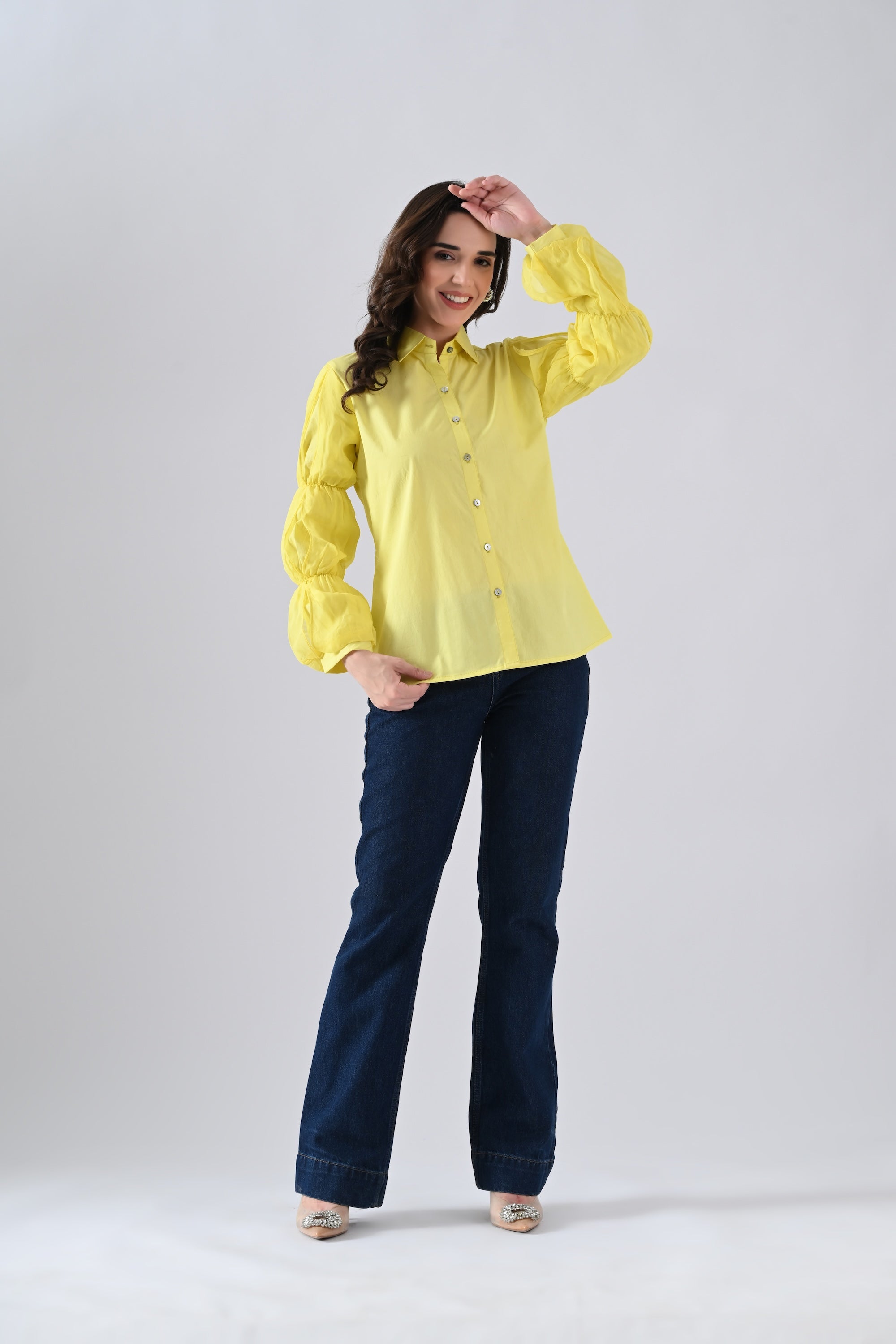 Yellow Cotton Shirt with Organza Frilled Sleeves