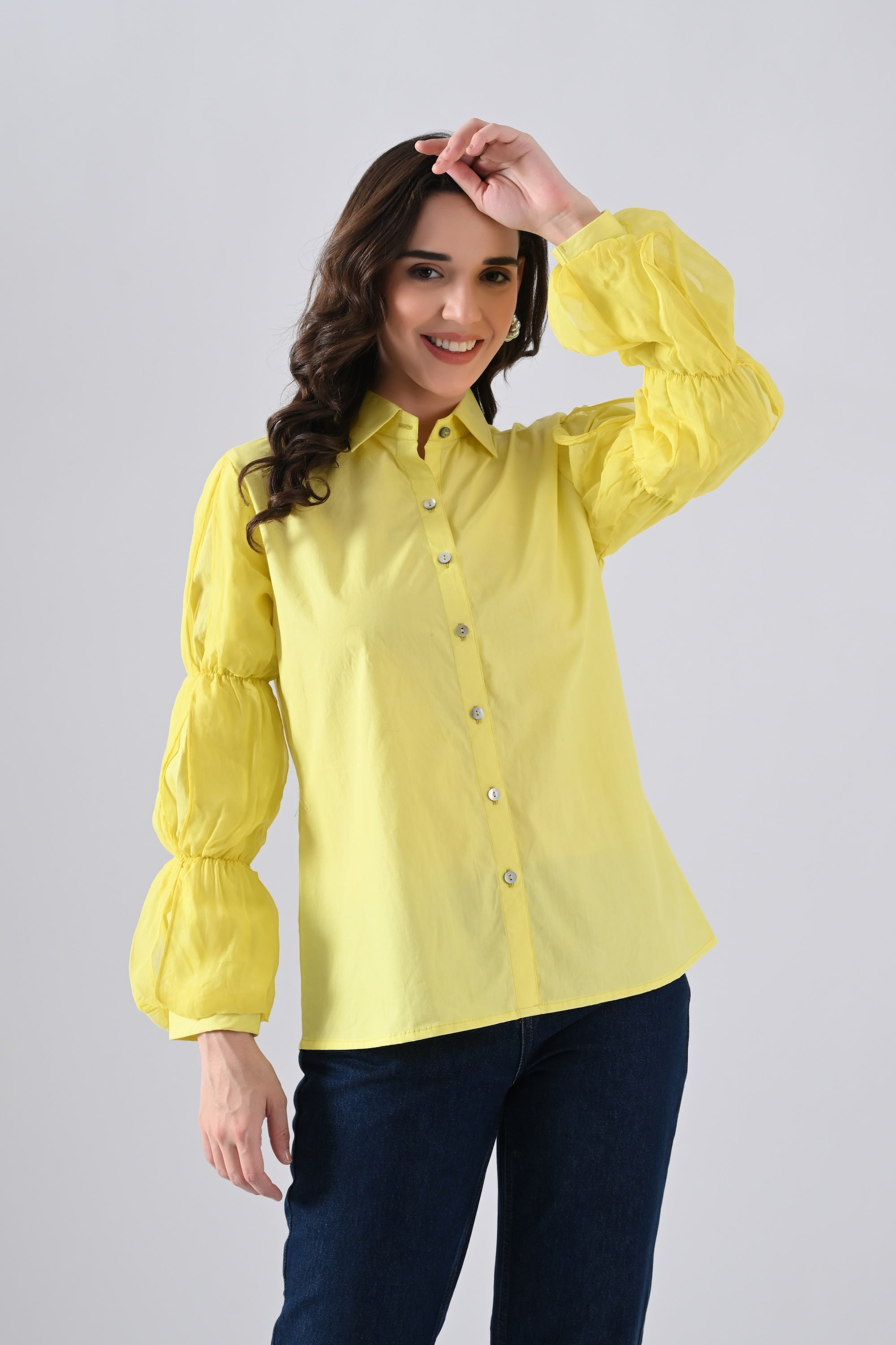 Yellow Cotton Shirt with Organza Frilled Sleeves