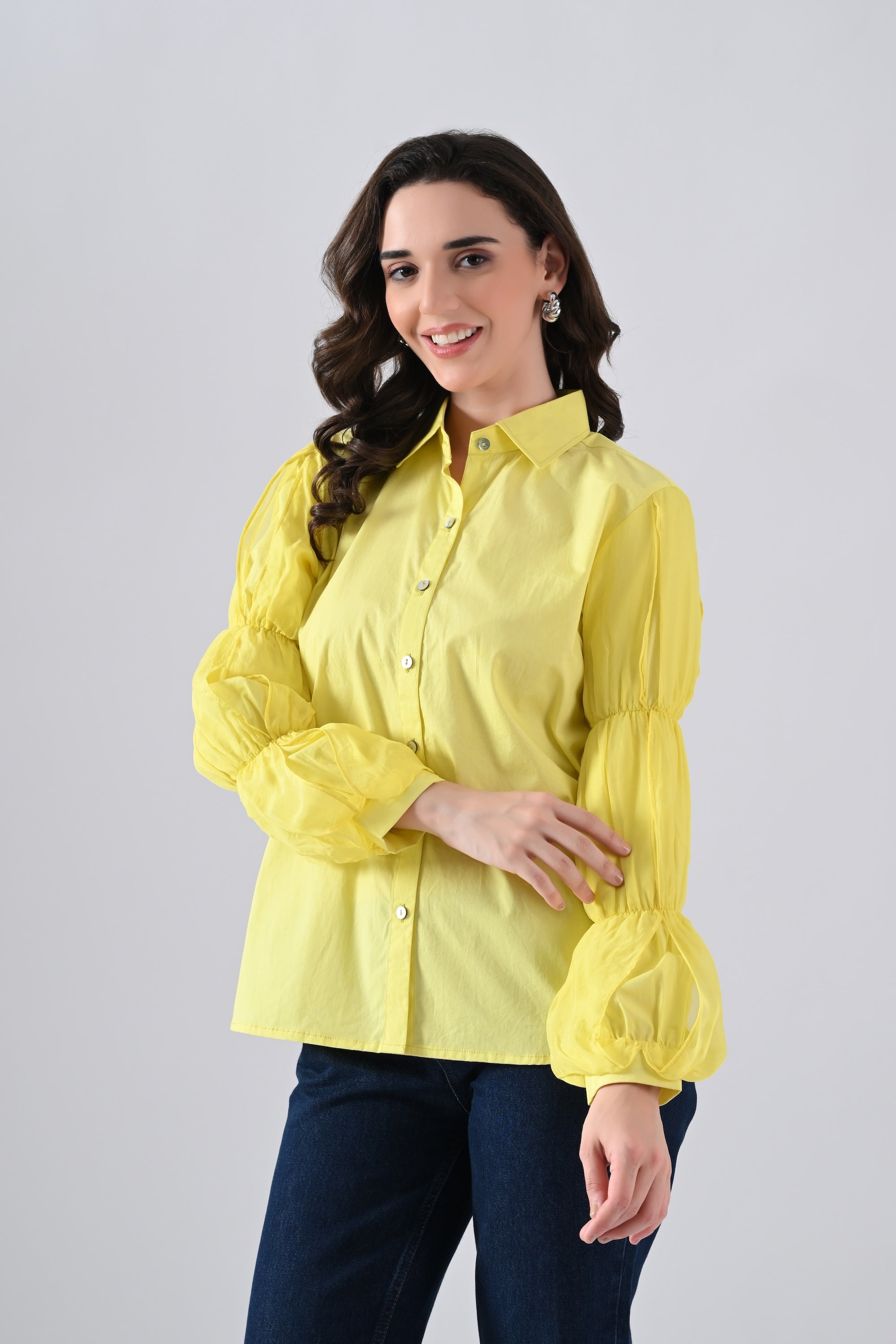 Yellow Cotton Shirt with Organza Frilled Sleeves