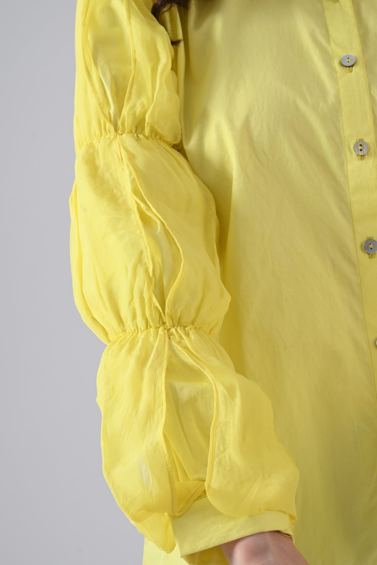Yellow Cotton Shirt with Organza Frilled Sleeves
