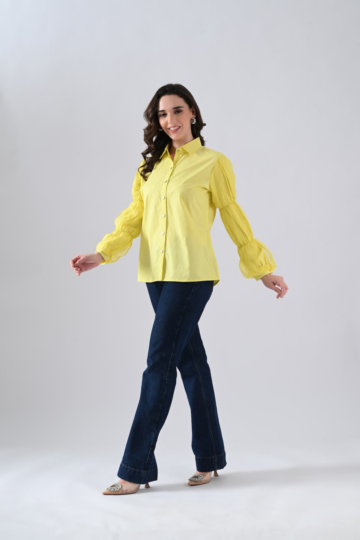 Yellow Cotton Shirt with Organza Frilled Sleeves
