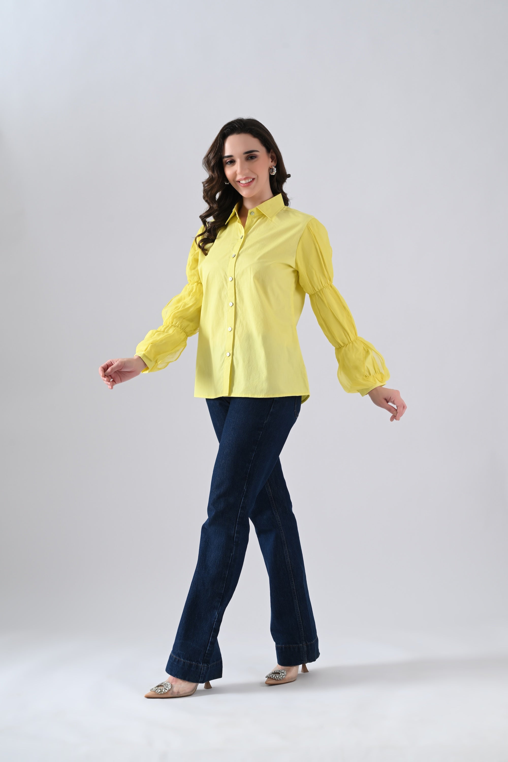 Yellow Cotton Shirt with Organza Frilled Sleeves