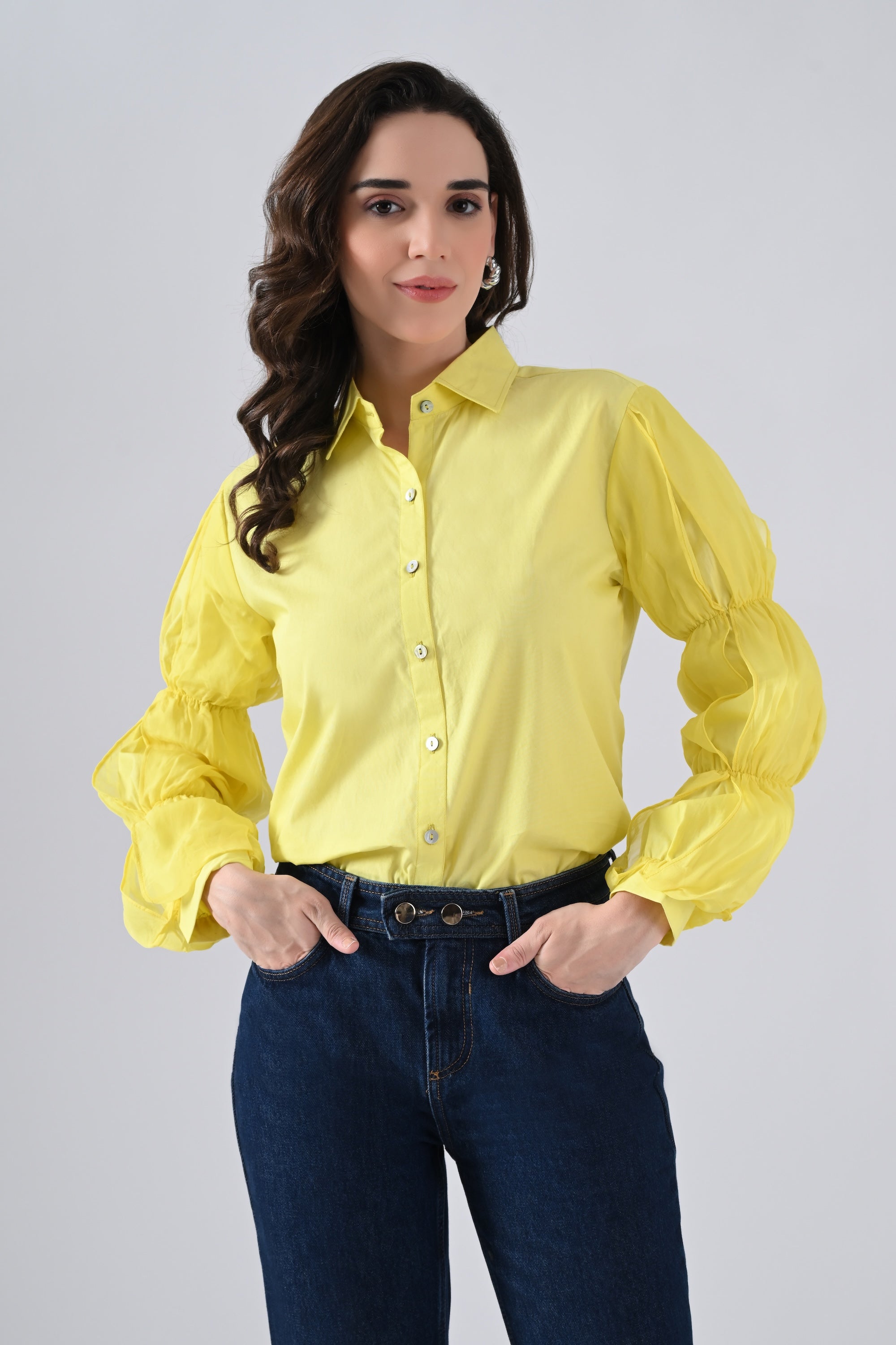 Yellow Cotton Shirt with Organza Frilled Sleeves