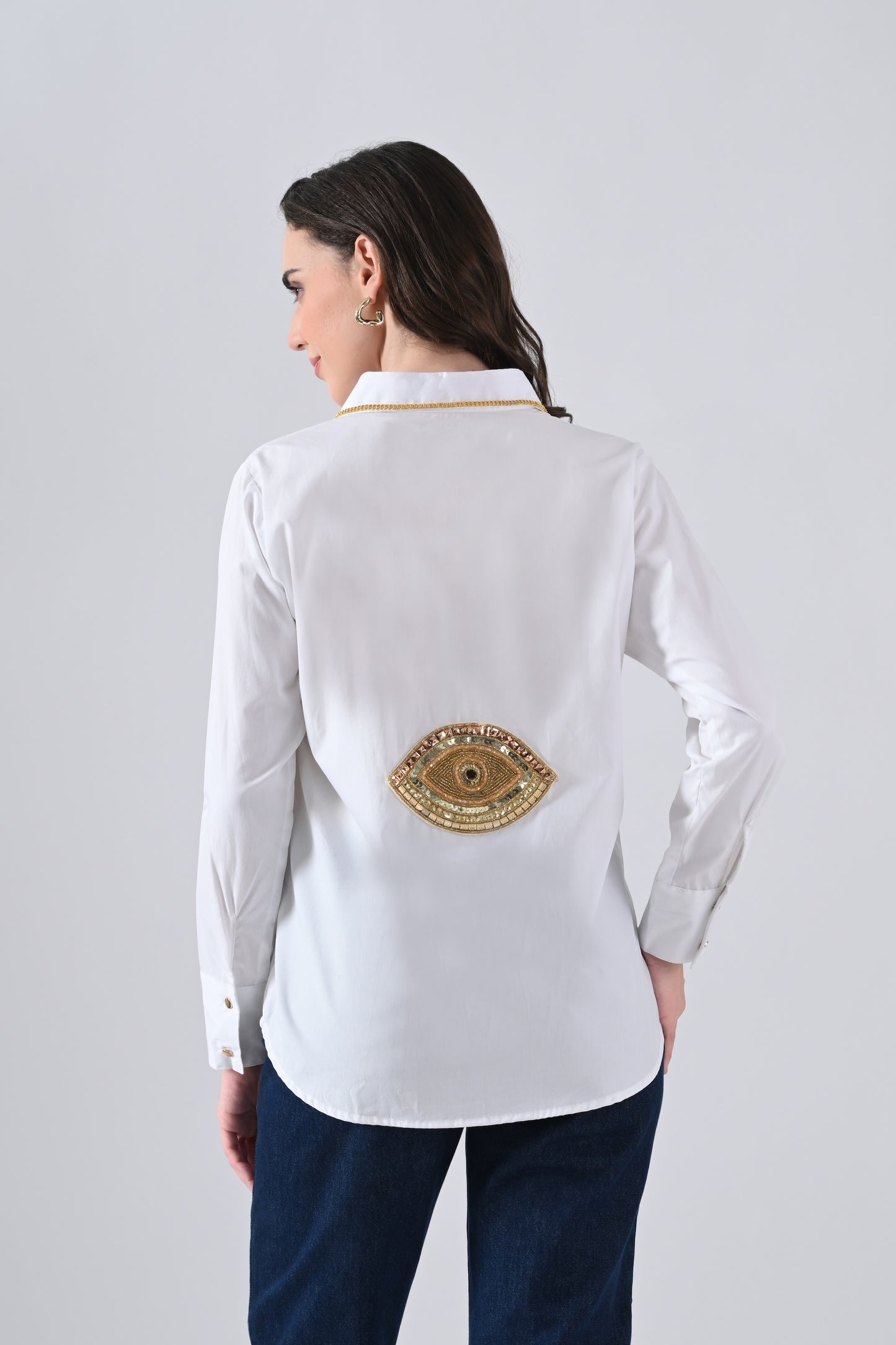 White Cotton Shirt with Evil Eye Patch and Gold Chain on Collar