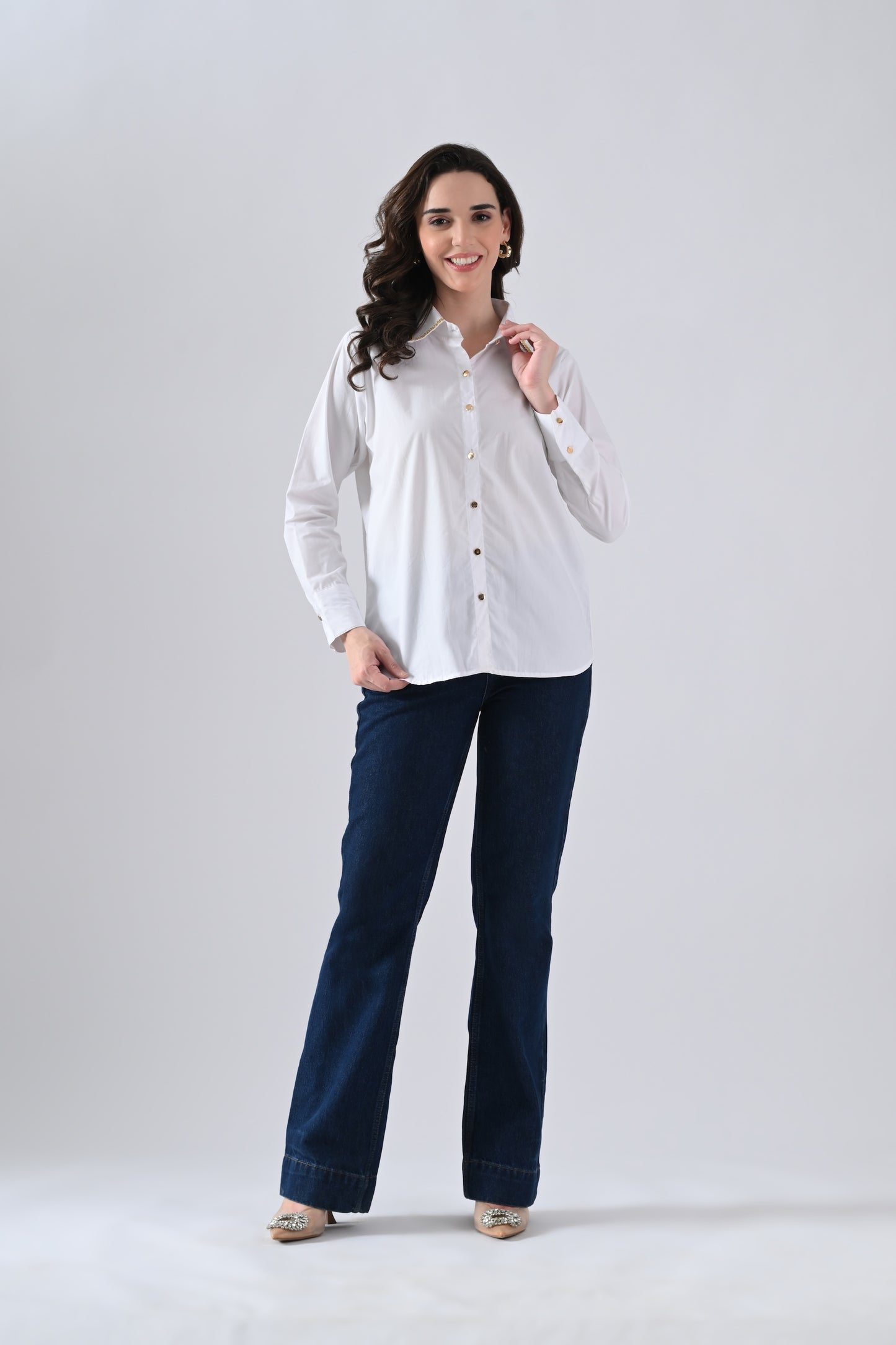 White Cotton Shirt with Evil Eye Patch and Gold Chain on Collar