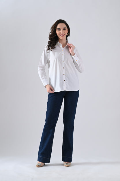 White Cotton Shirt with Evil Eye Patch and Gold Chain on Collar