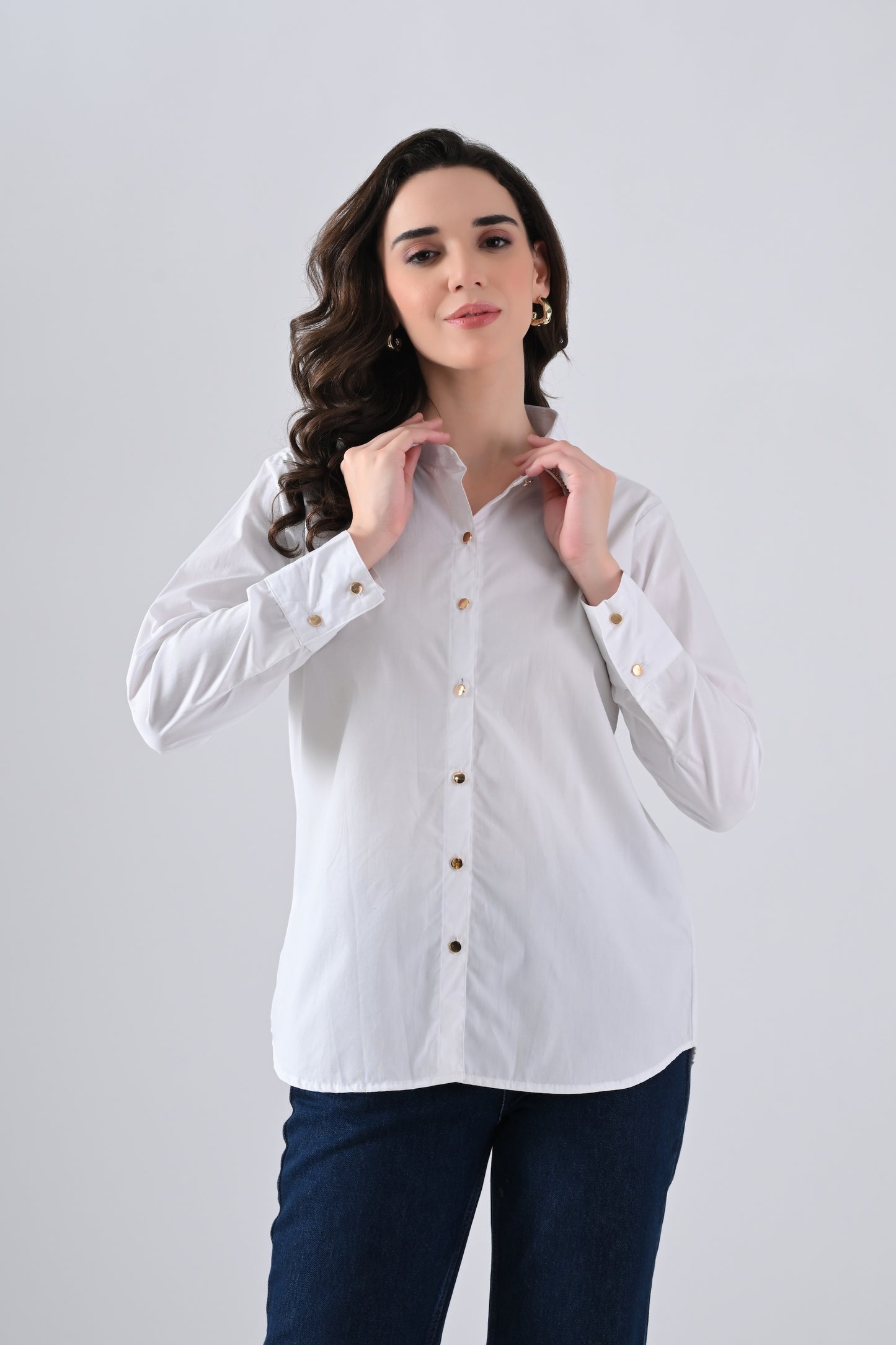 White Cotton Shirt with Evil Eye Patch and Gold Chain on Collar