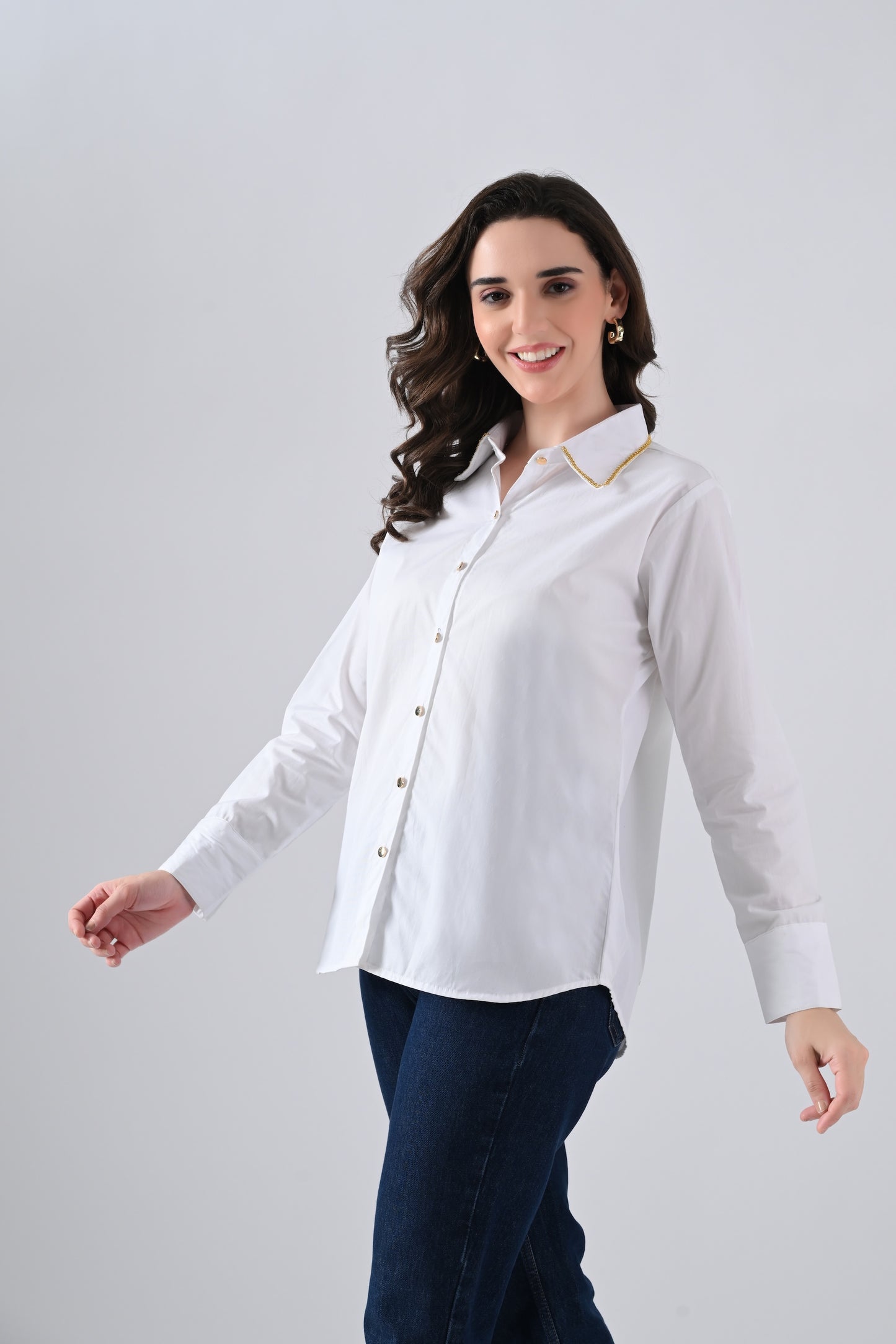 White Cotton Shirt with Evil Eye Patch and Gold Chain on Collar