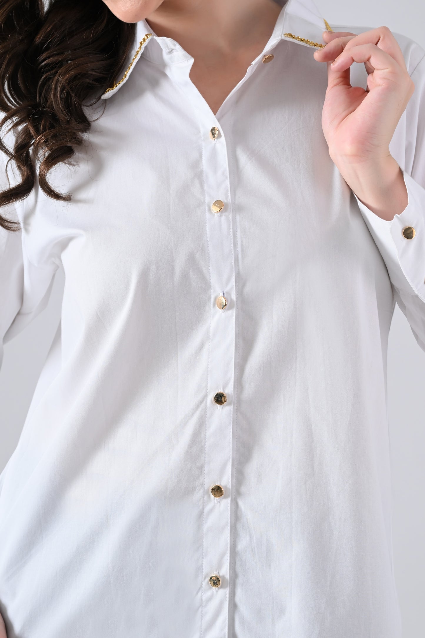 White Cotton Shirt with Evil Eye Patch and Gold Chain on Collar