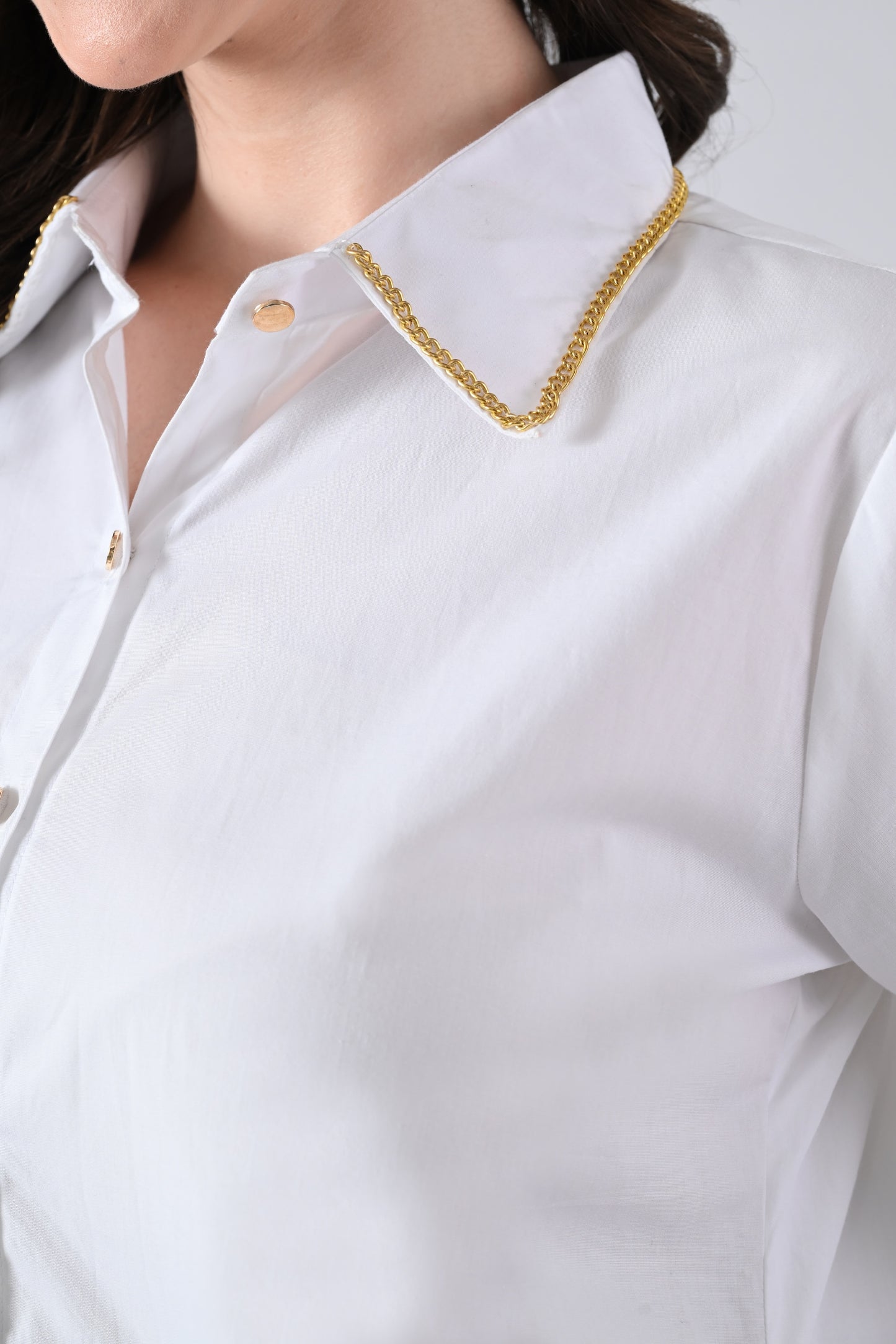 White Cotton Shirt with Evil Eye Patch and Gold Chain on Collar