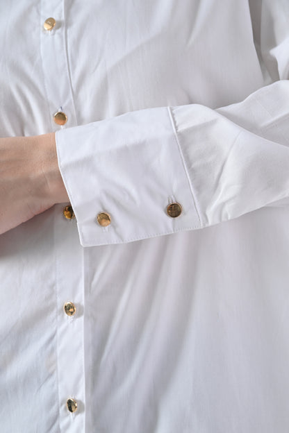 White Cotton Shirt with Evil Eye Patch and Gold Chain on Collar