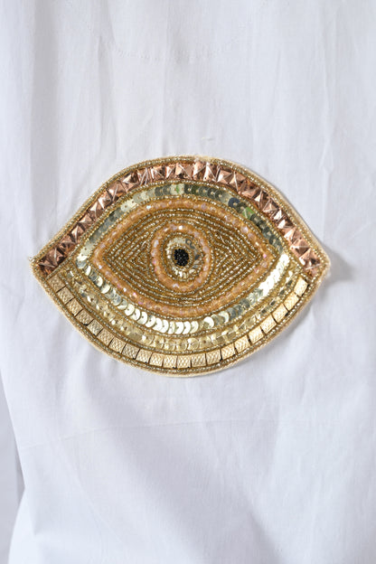 White Cotton Shirt with Evil Eye Patch and Gold Chain on Collar