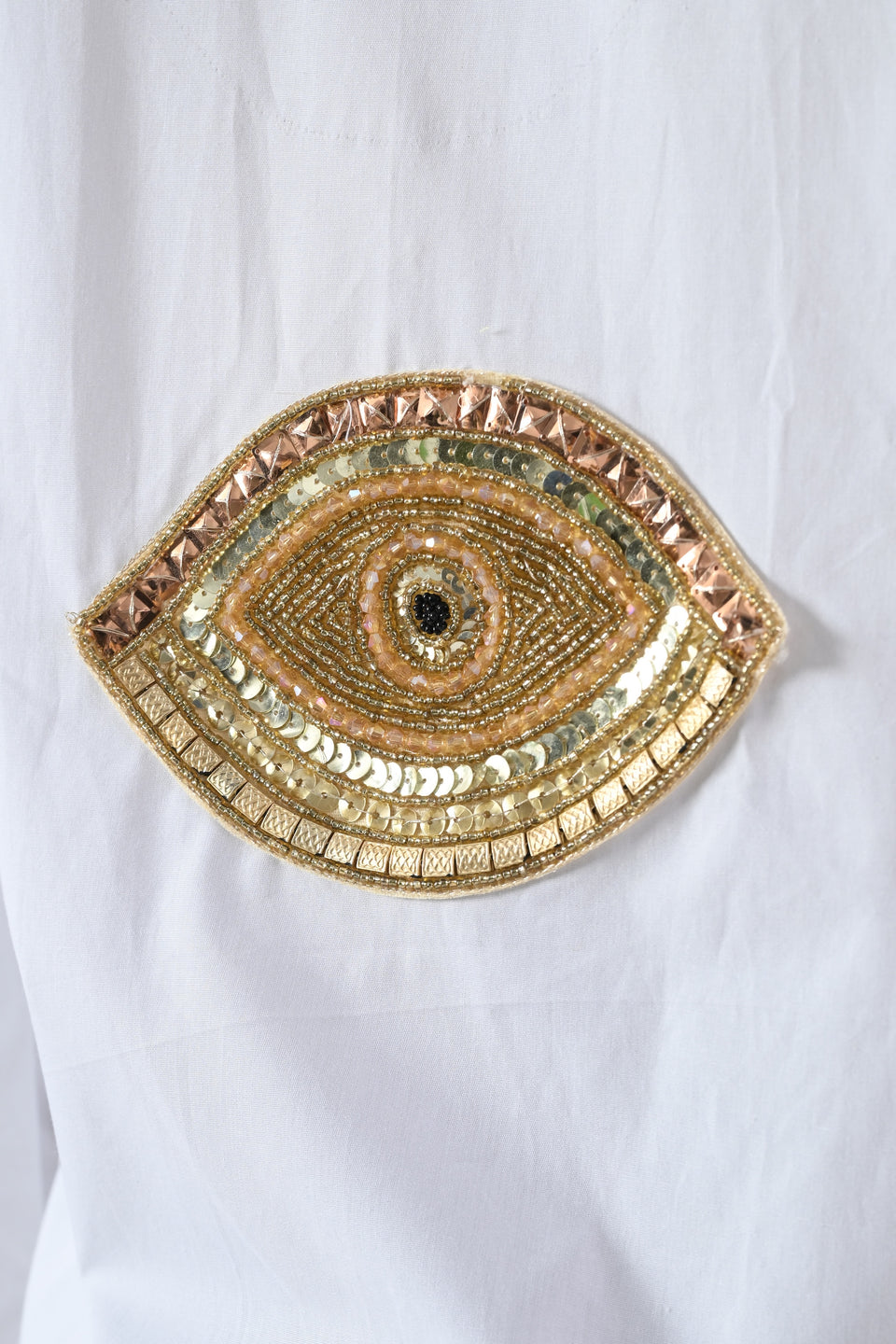 White Cotton Shirt with Evil Eye Patch and Gold Chain on Collar