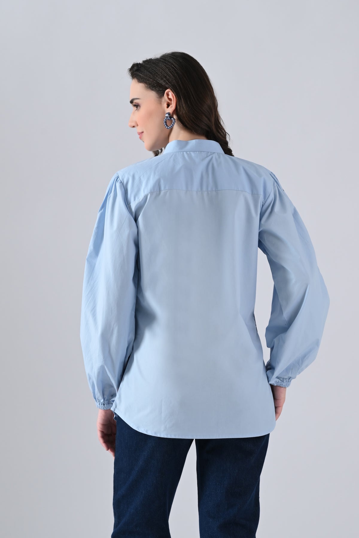 Light Blue Cotton Shirt with Lace Detailing on Sleeves and Tie Strings Front Closure