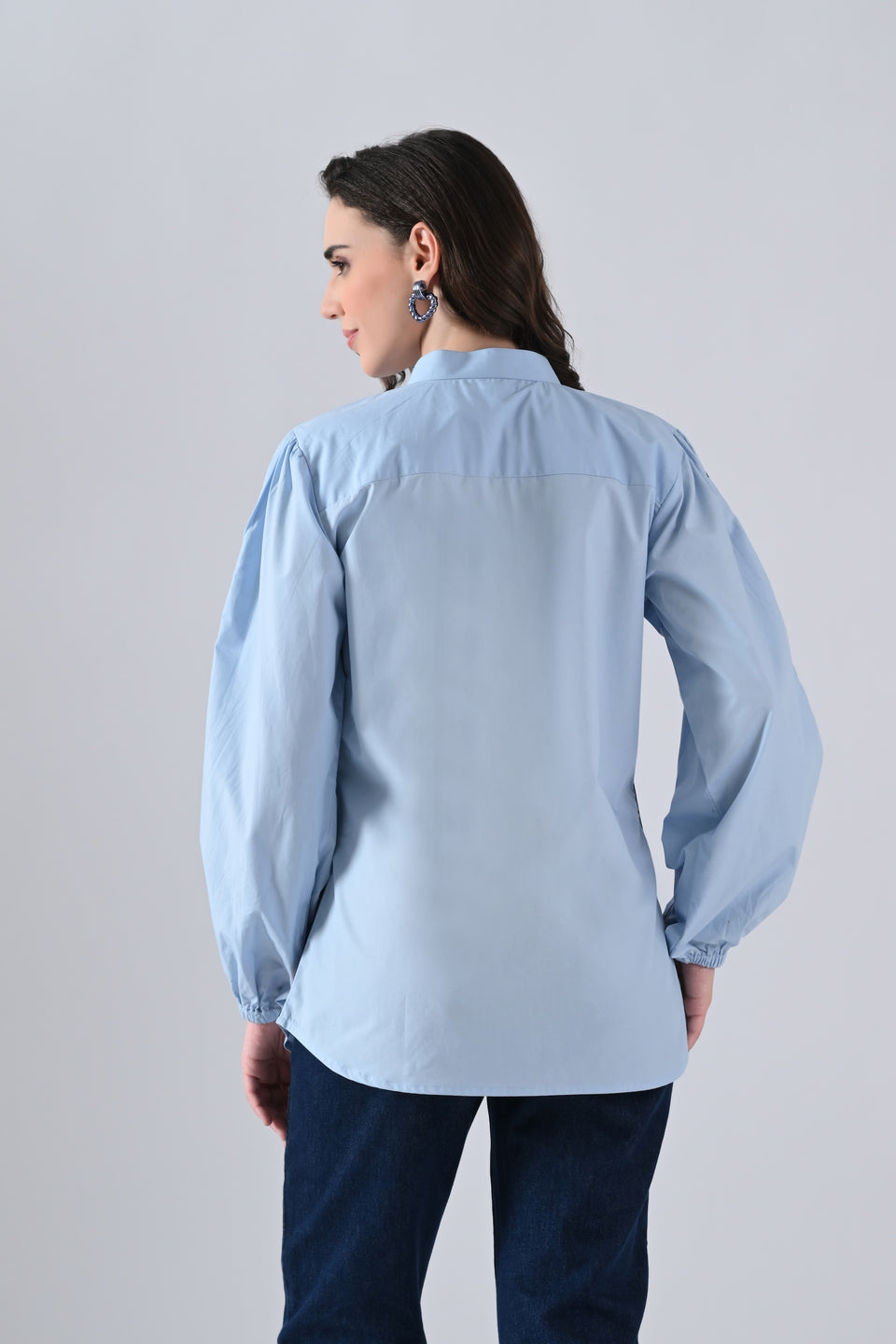 Light Blue Cotton Shirt with Lace Detailing on Sleeves and Tie Strings Front Closure