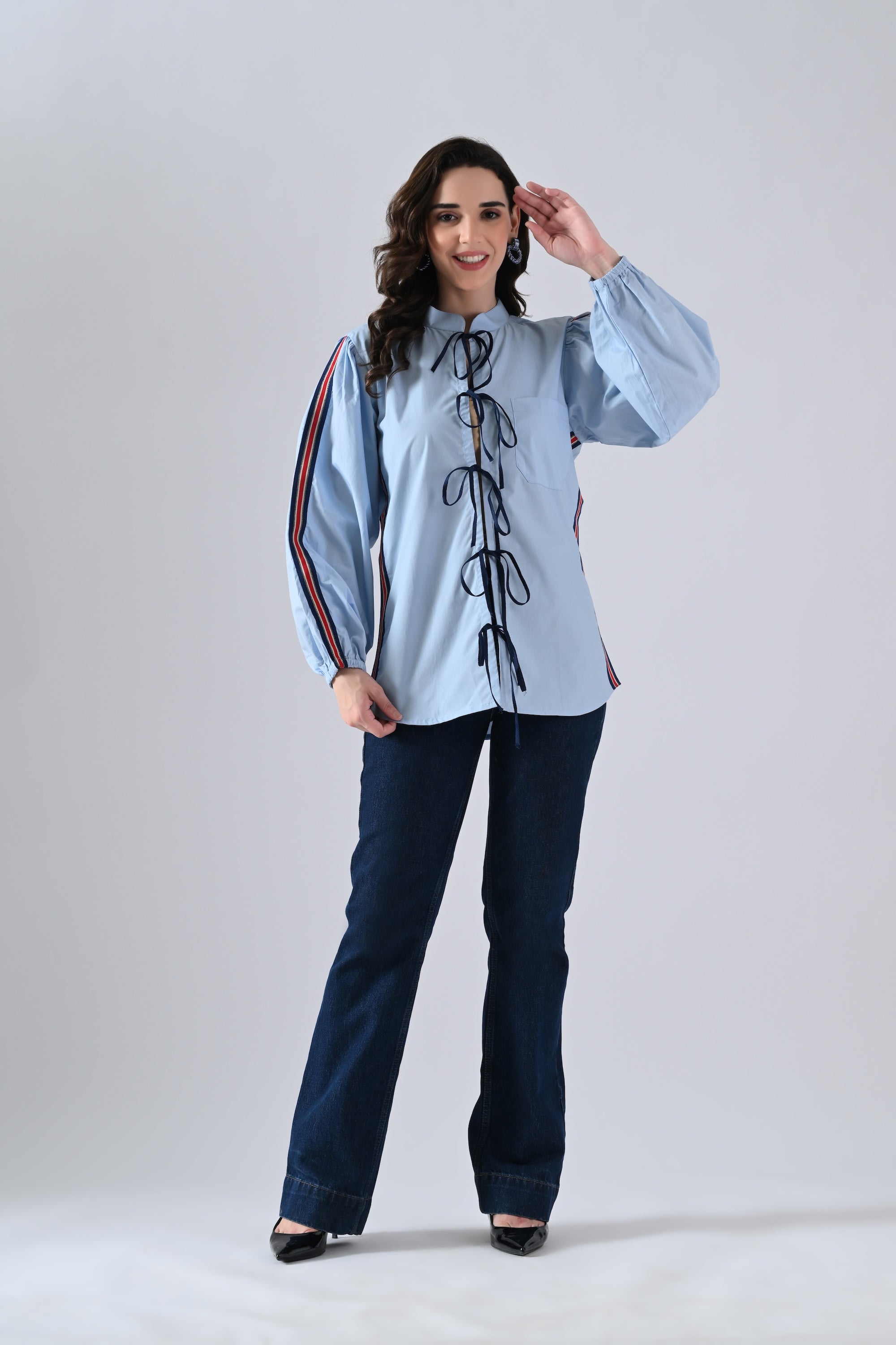 Light Blue Cotton Shirt with Lace Detailing on Sleeves and Tie Strings Front Closure