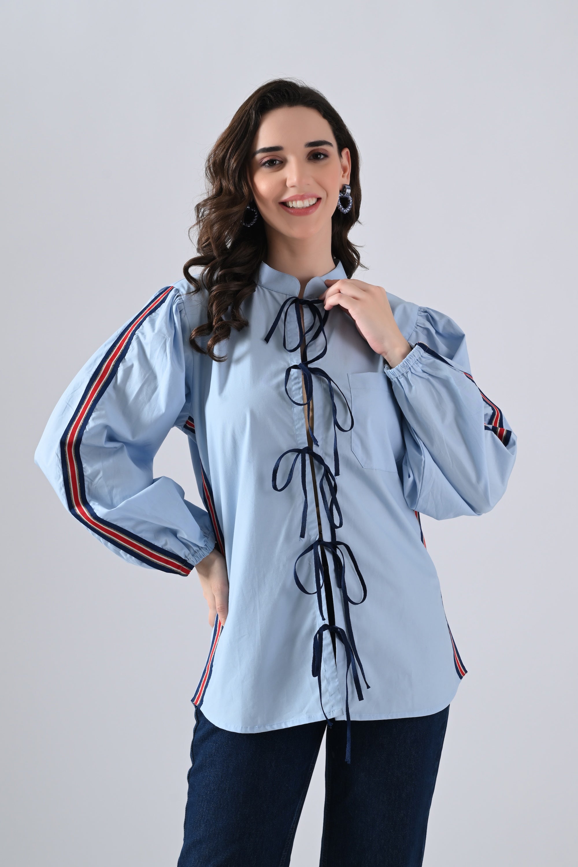 Light Blue Cotton Shirt with Lace Detailing on Sleeves and Tie Strings Front Closure