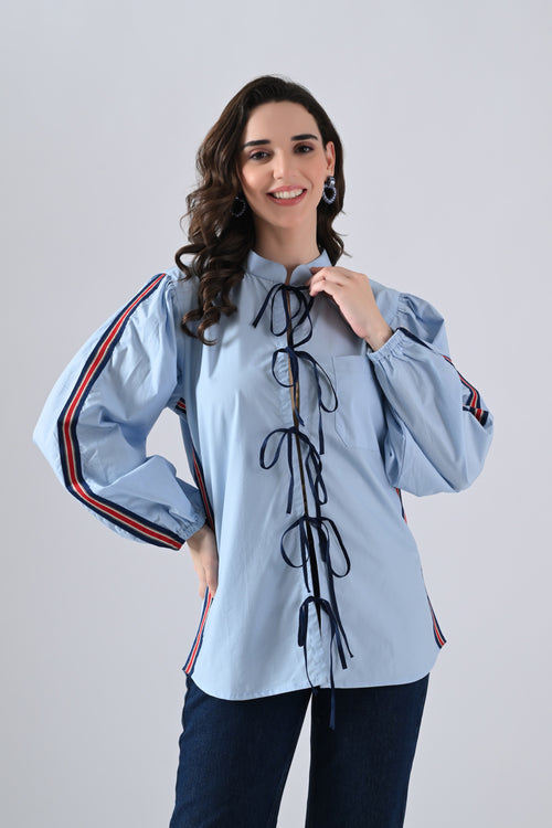 Light Blue Cotton Shirt with Lace Detailing on Sleeves and Tie Strings Front Closure