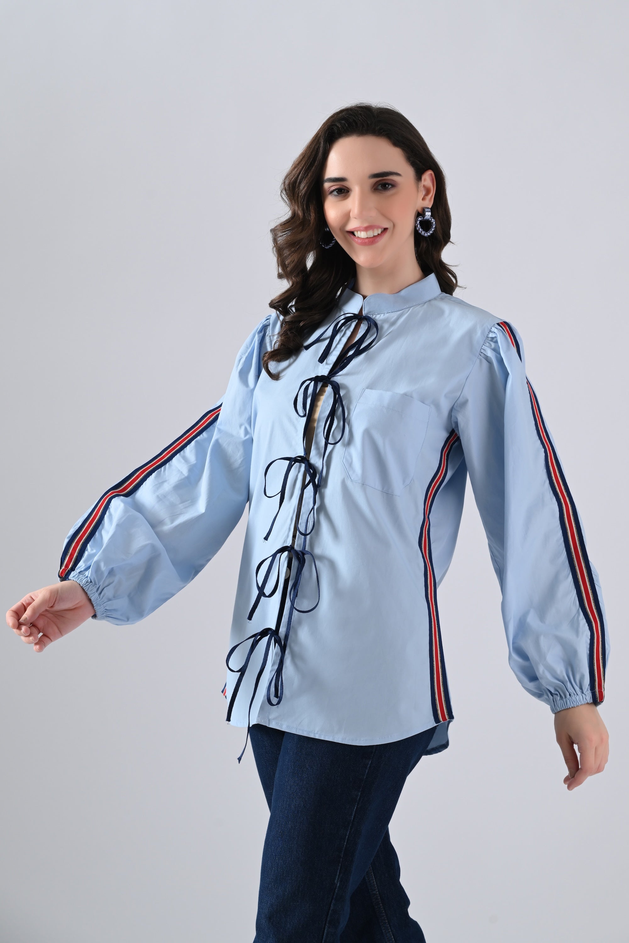 Light Blue Cotton Shirt with Lace Detailing on Sleeves and Tie Strings Front Closure
